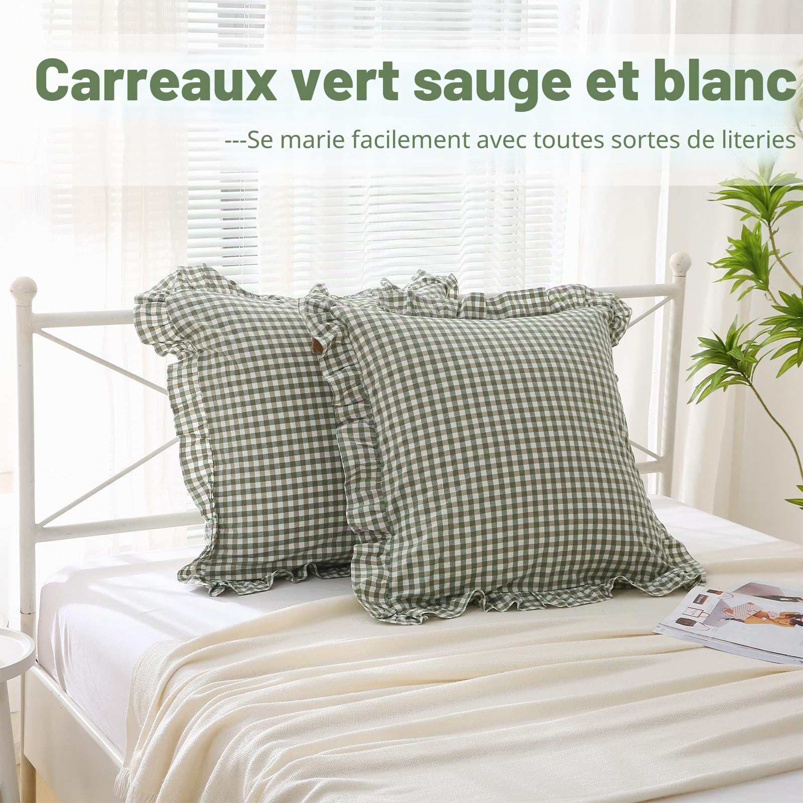Lot de 2 housses de coussin à volants à carreaux européennes, 100 % coton à carreaux rustiques vichy pour lit/canapé (66 x 66 cm, carreaux vert sauge/blanc)