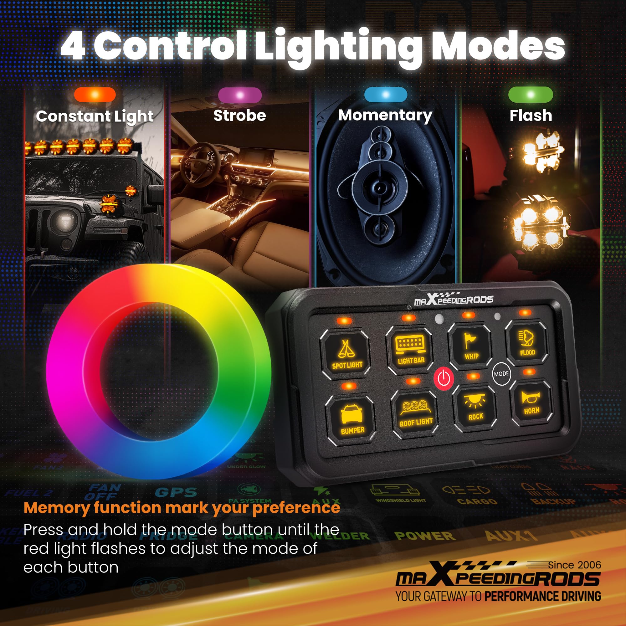 maXpeedingrods RGB 8 biegów 12/24 V LED panel przełącznika, funkcja pamięci, możliwość ściemniania, 8 kolorów, panel dotykowy z 140 naklejkami, 4 wielofunkcyjne, uniwersalne sterowanie przekaźnikiem