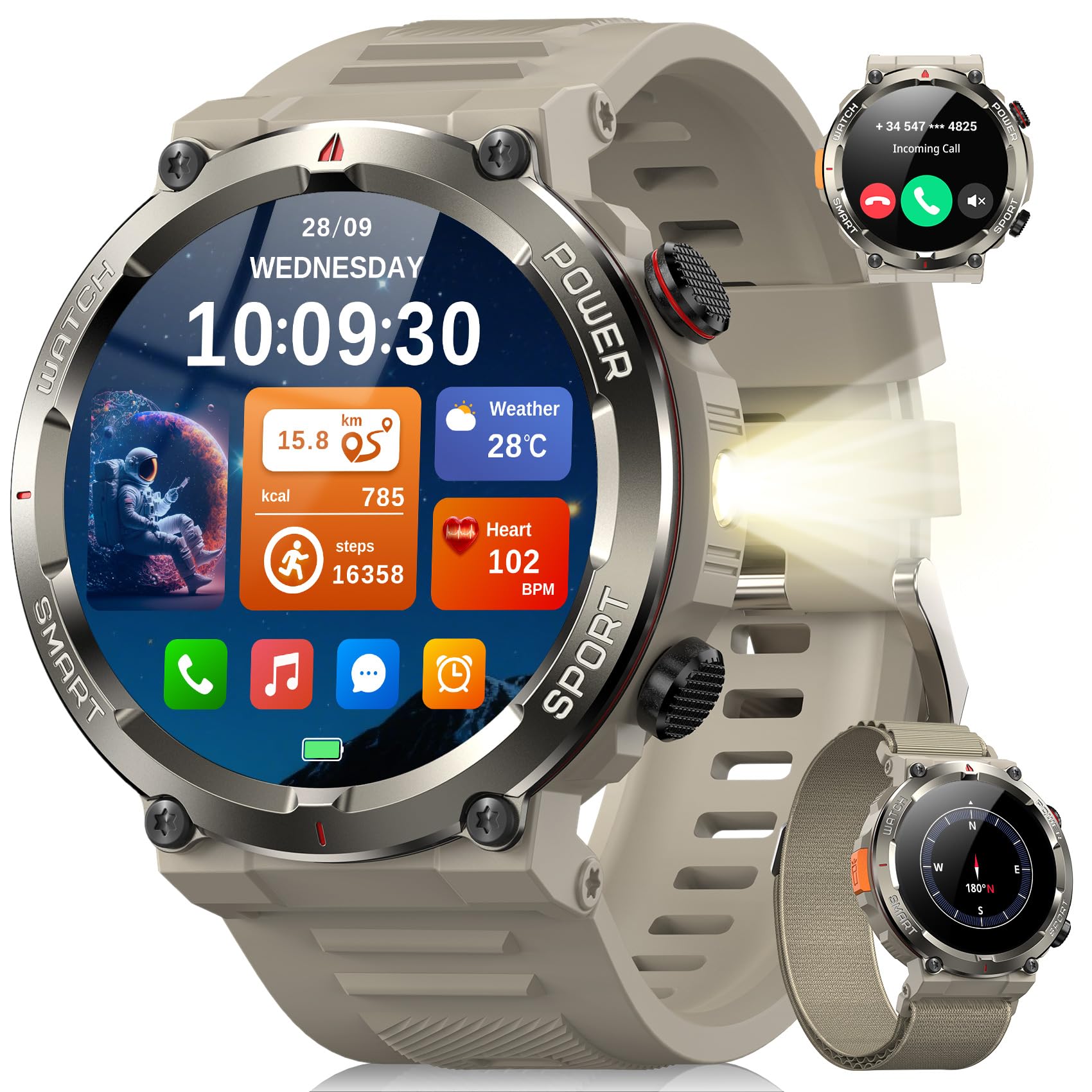 Blackview Smartwatch Uomo, Orologio Intelligente Fitness con Chiamate Bluetooth,1.45" Militari Smart Watch Tracker 100+ Modalità Sportive per Cardiofrequenzimetro,SpO2, Torcia,Bussola per Android iOS