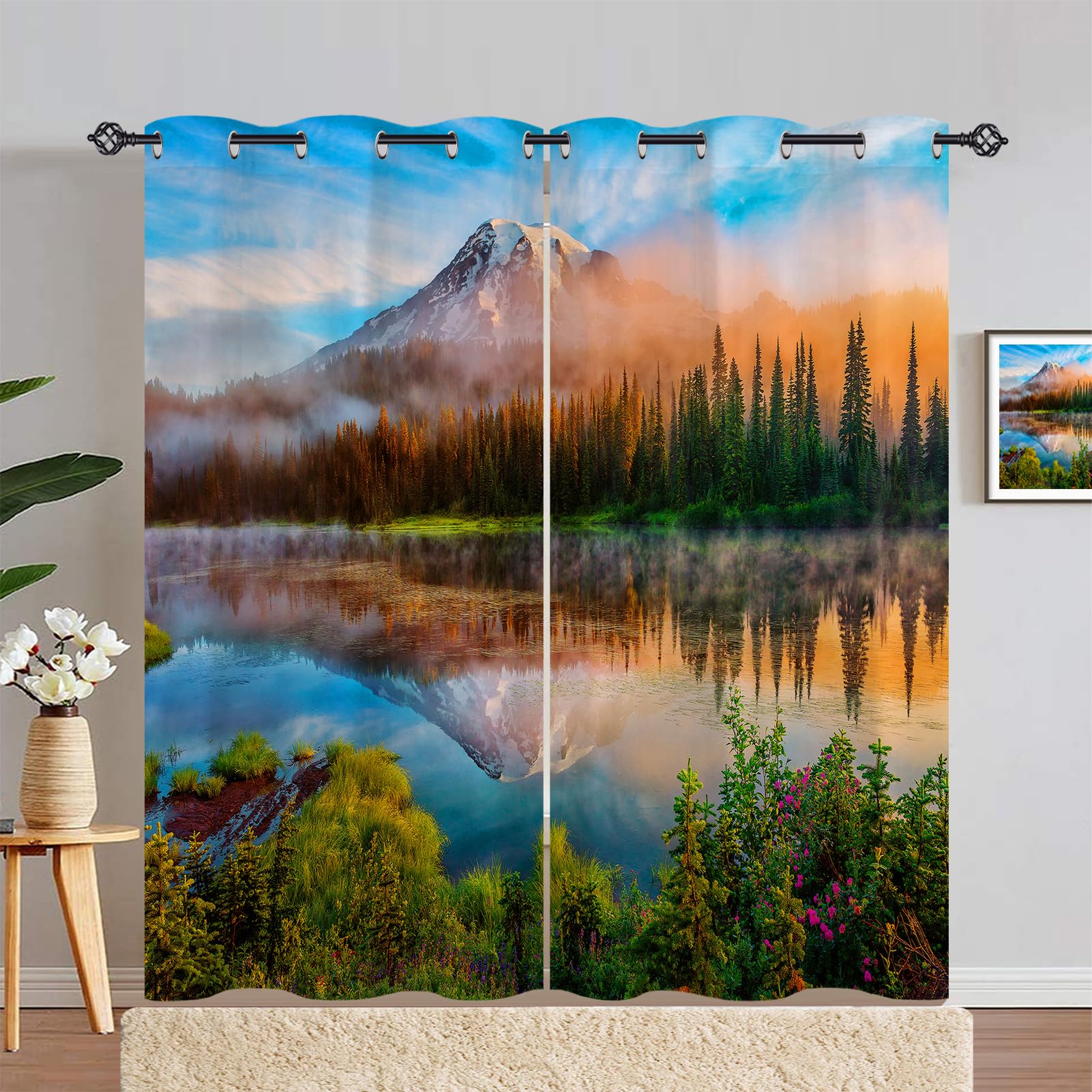 ANHOPE Scenery Curtains Eyelet 80% Blackout Room Darkening Curtains with Foggy Forest Lake Mountain Print Pattern Thermal Insulated Window Drapes for Bedroom Living Room 46 x 84 Inch Drop 2 Panels โ image 1