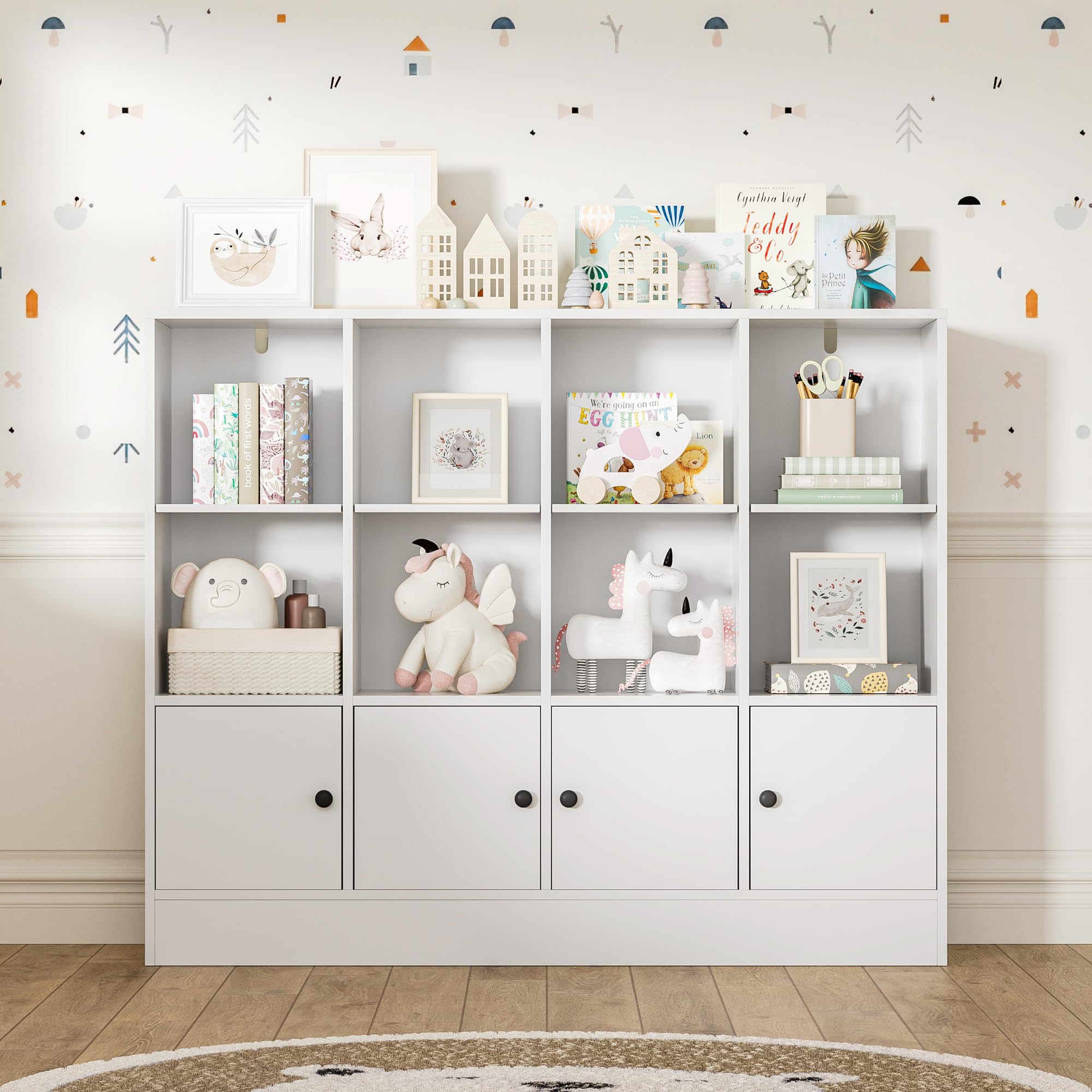 White Bookshelf, Wood Bookcase with 3 Tier Shelves, 12 Cube Storage Organizer with Doors for Bedroom, Living Room, 47.8" W x 39.1" H