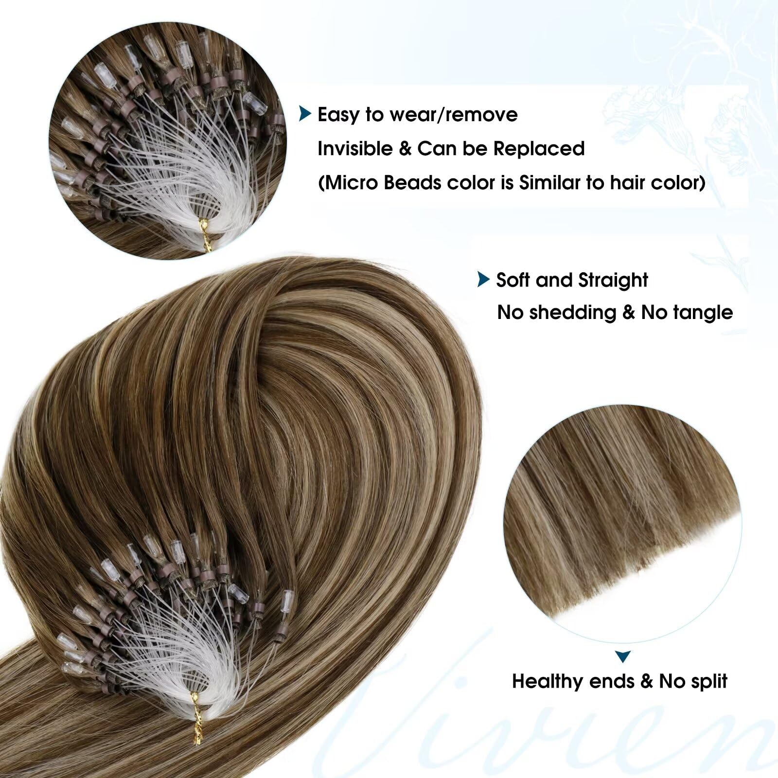 Vivien Brown Micro Beads Hair Extensions Human Hair Balayage Medium Brown to Dark Blonde Micro Ring Hair Extensions Human Hair Pre Bonded Micro Link Human Hair Extensions #4/27/4 50g/50s 22Inch - Image 3