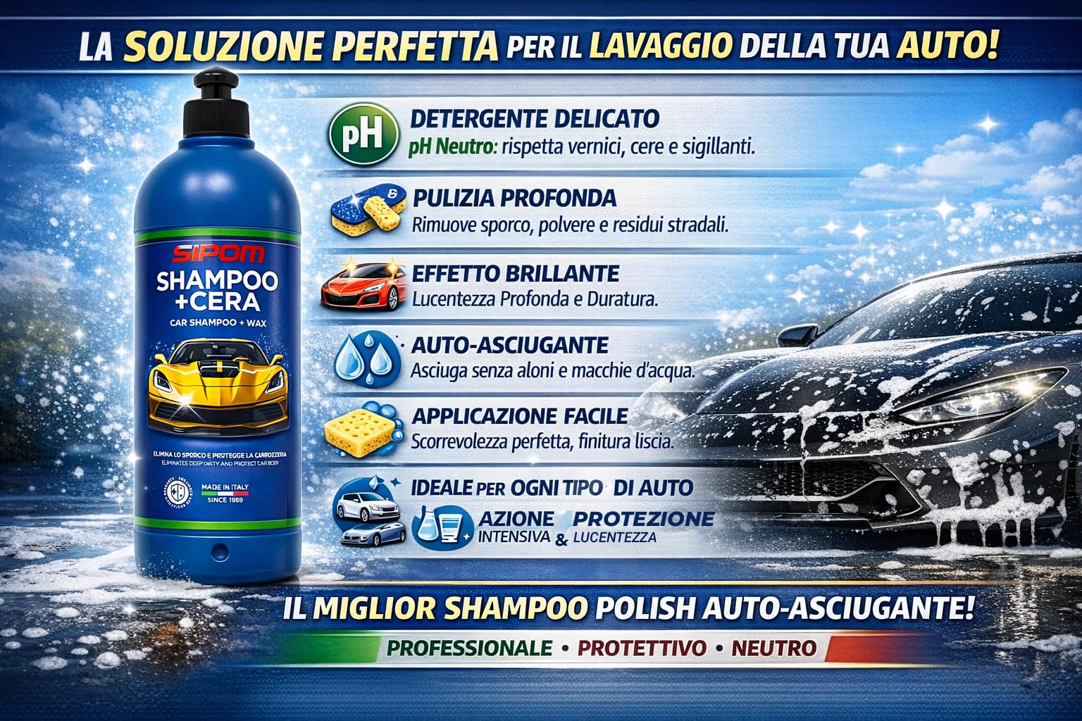 SIPOM Shampoo Auto Professionale con Cera Carnauba pH Neutro 500 ml