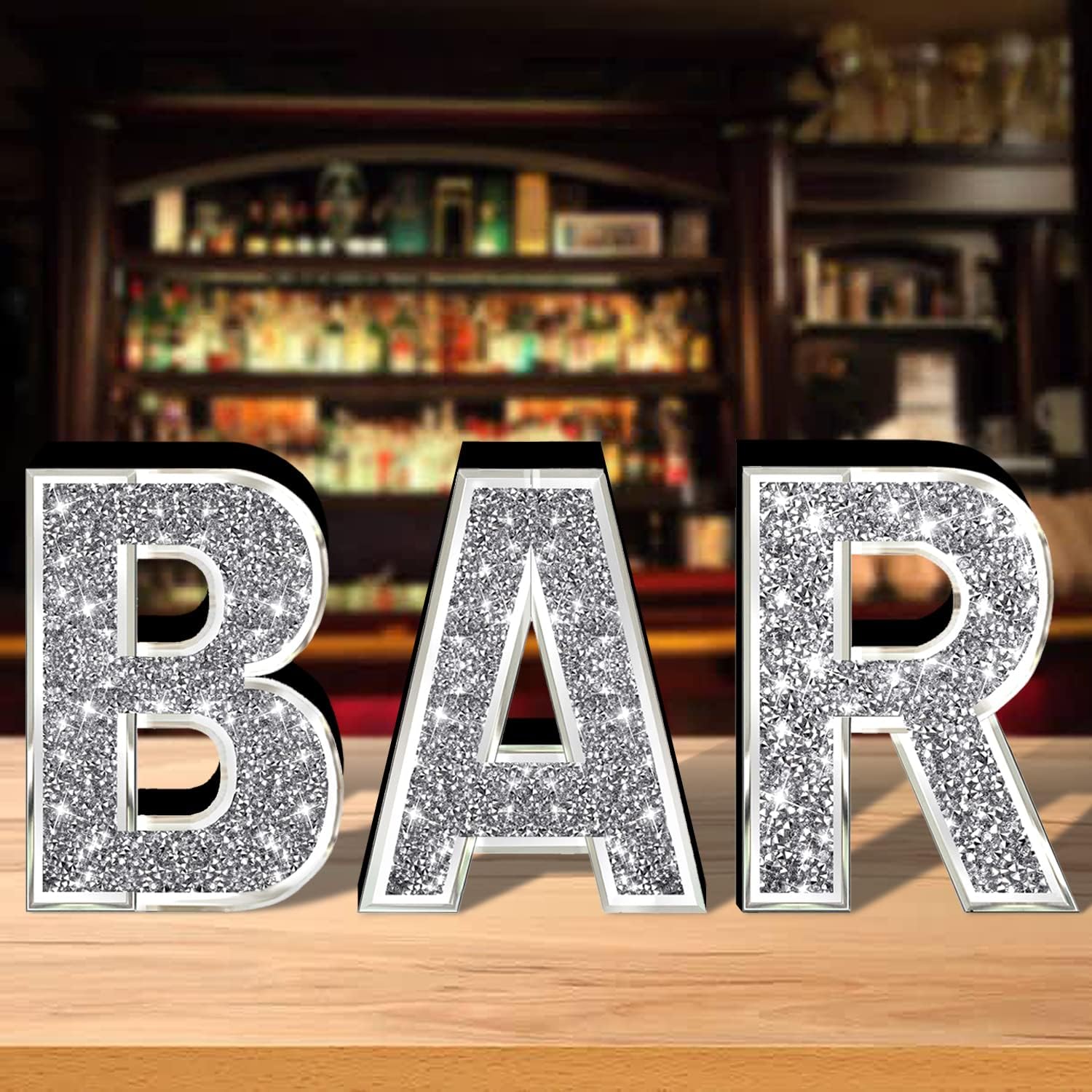 ZOLAPI 3 pcs Independent Letters BAR.Glam Crystal Diamond Letters.Silver Mirror Glass Home Decoration for Wall, Kitchen,Living room, Fireplace, Bookshelf and Table. image 2