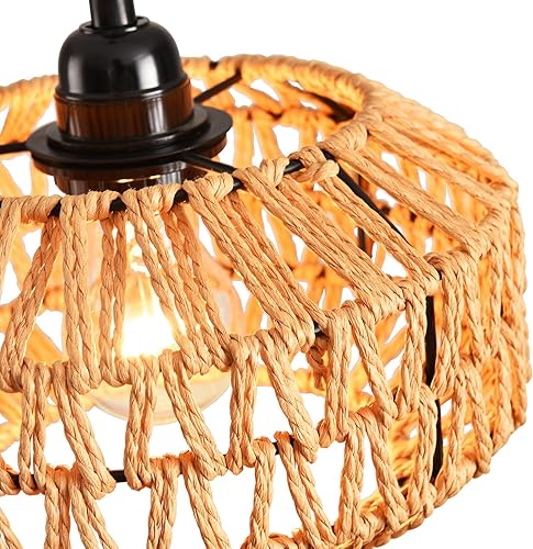 Miniatura 2 de Lámpara colgante enchufable de ratán con interruptor, mini lámpara de techo de ratán bohemio semiempotrada, accesorios de luz de pasillo tejidos a