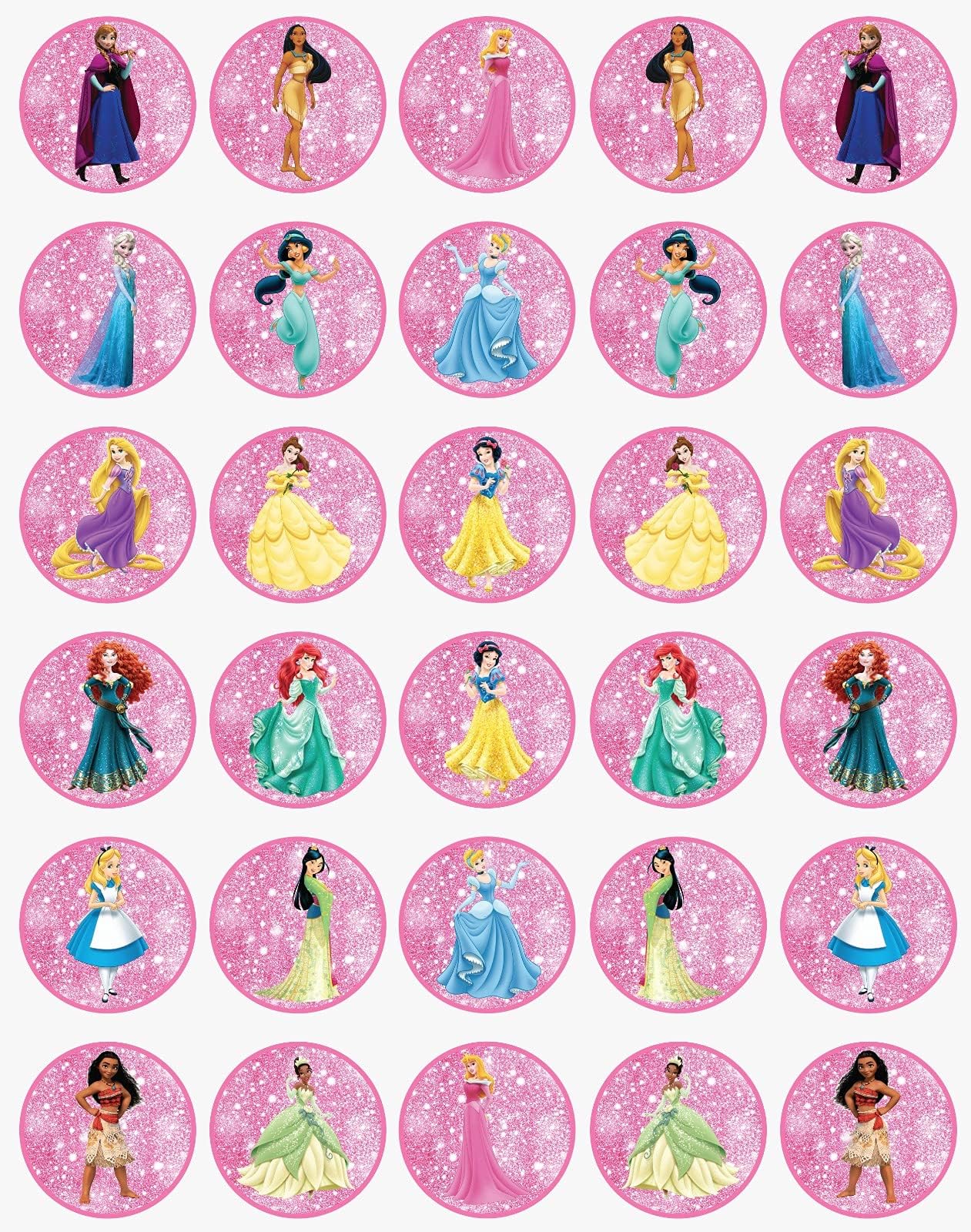 30 x Edible Cupcake Toppers Themed of Princess Collection of Edible Cake Decorations | Uncut Edible on Wafer Sheet
