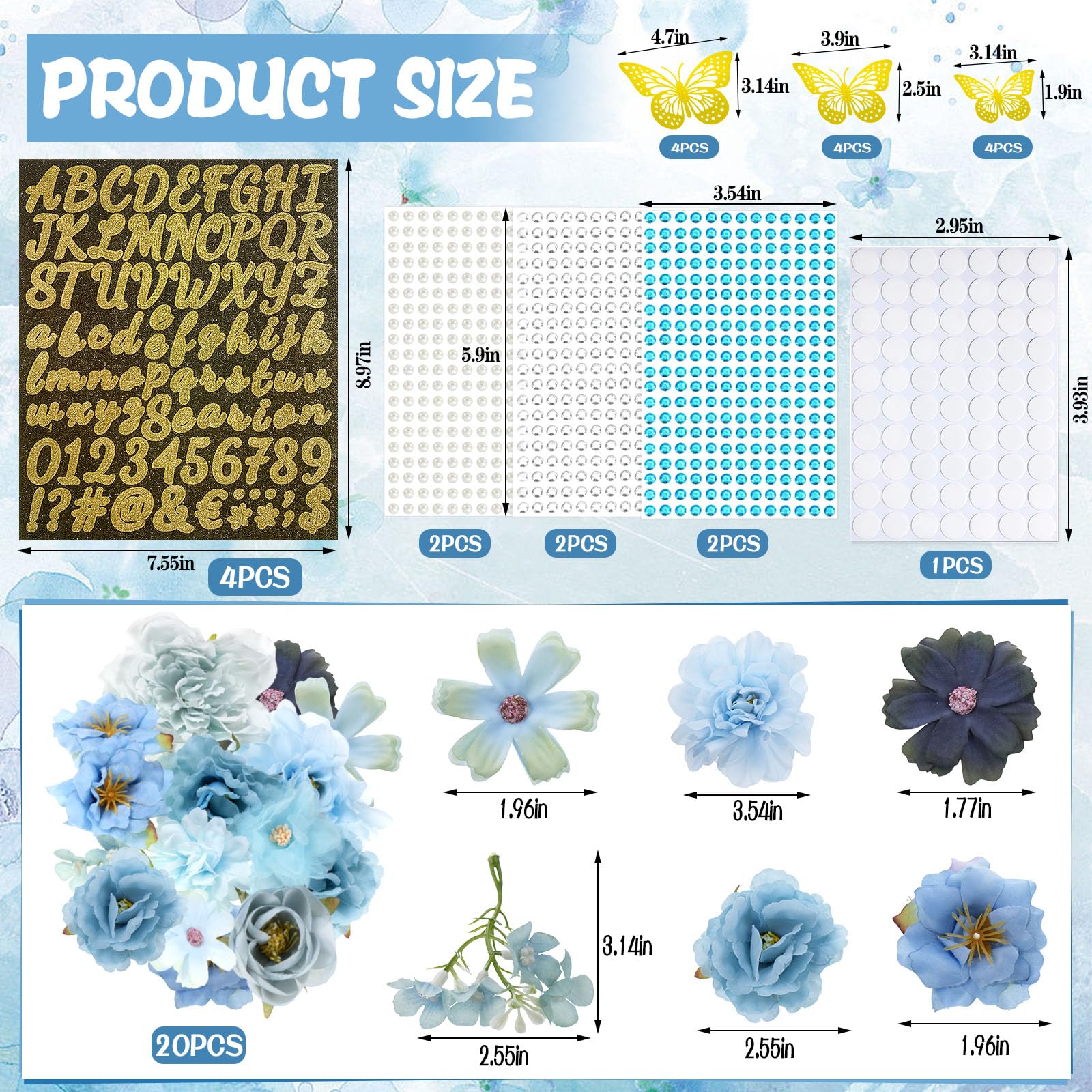 Graduation Cap Decorations Kits Assorted Blue Faux Flower Heads 3D Gold Butterfly Stickers Self Adhesive Rhinestones Glitter Alphabet Letter Stickers for Grad Cap Topper DIY Craft Art Decorations