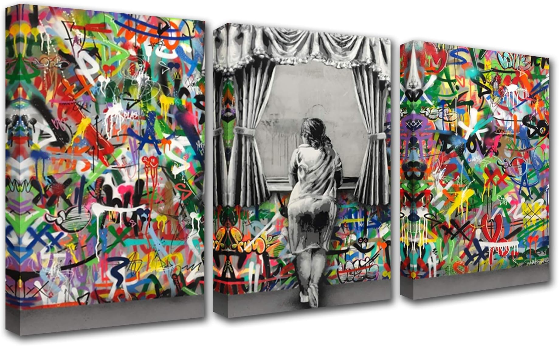 Graffiti Street Art Banksy Canvas Wall Art for Living Room Decor 3 Pieces Windowsill Women's Back Picture Print Pop Artwork Kitchen Wall Decor Abstract Art Home Decor Wall Pictures Framed 60x28 Inch
