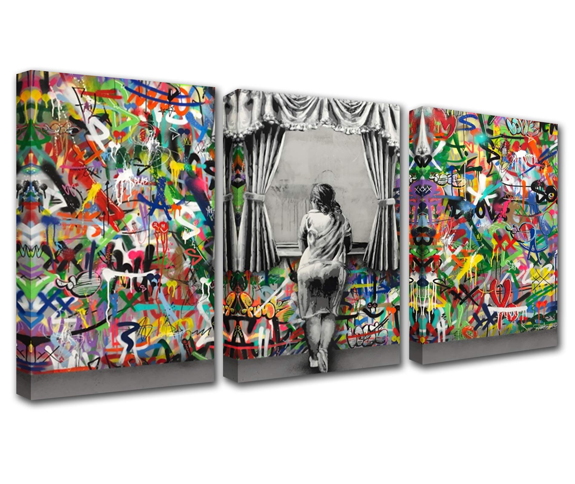 Graffiti Street Art Banksy Canvas Wall Art for Living Room Decor 3 Pieces Love is the Answer Picture Print Pop Art Kitchen Wall Decor Abstract Artwork Home Decor Room Wall Picture 60x28 Inch