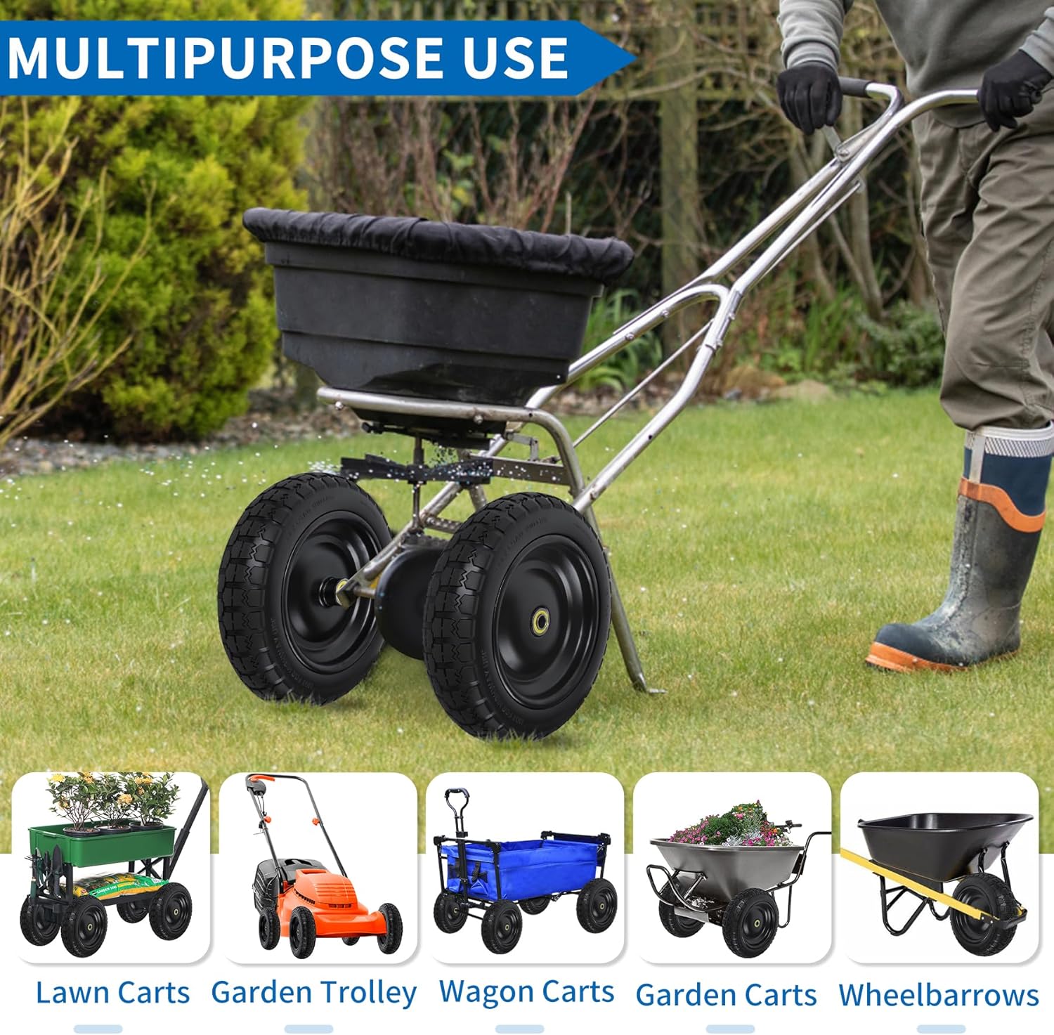 13 Inch Flat Free Wheels Tires 4.00-6 Solid Replacement with Universal 5/8" Axle Bore Hole, 8 Spacers and 4 Pins, for Wheelbarrow, Garden Wagon, Hand Truck, Trolley, Lawn Mower, 2 Pack