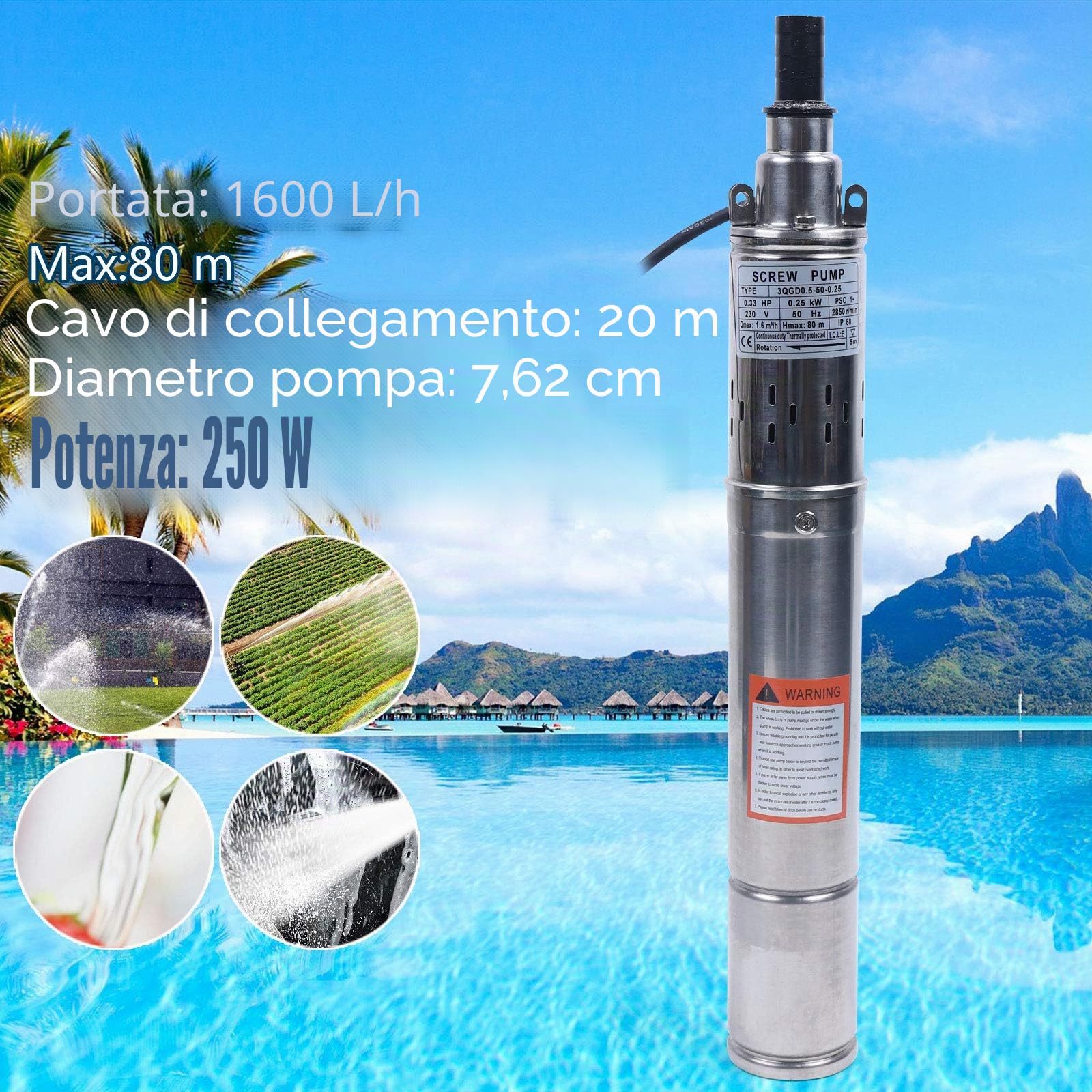 Pompa per pozzi profondi, 250 W, 3 pollici, acciaio inox, 1600 l/h, altezza di mandata 80 m