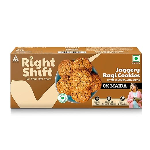 Right Shift Jaggery Ragi Cookies, 100g| High Fibre Digestive| 0% Maida, Refined Sugar| Calcium, Protein, Iron & 6 B-Vitamins| With Nuts & Seeds| Anytime Snack