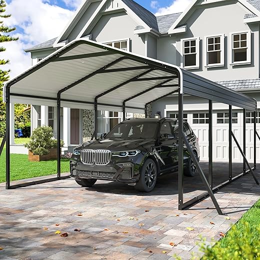 DAUSOLA 12x20 FT Metal Carport, Heavy Duty Carports Canopy with Updated Enhanced Base and Roof for All-Weather Use, Outdoor Galvanized Car Shelter, Car Port Garage for Car, Boats and Tractors, Grey