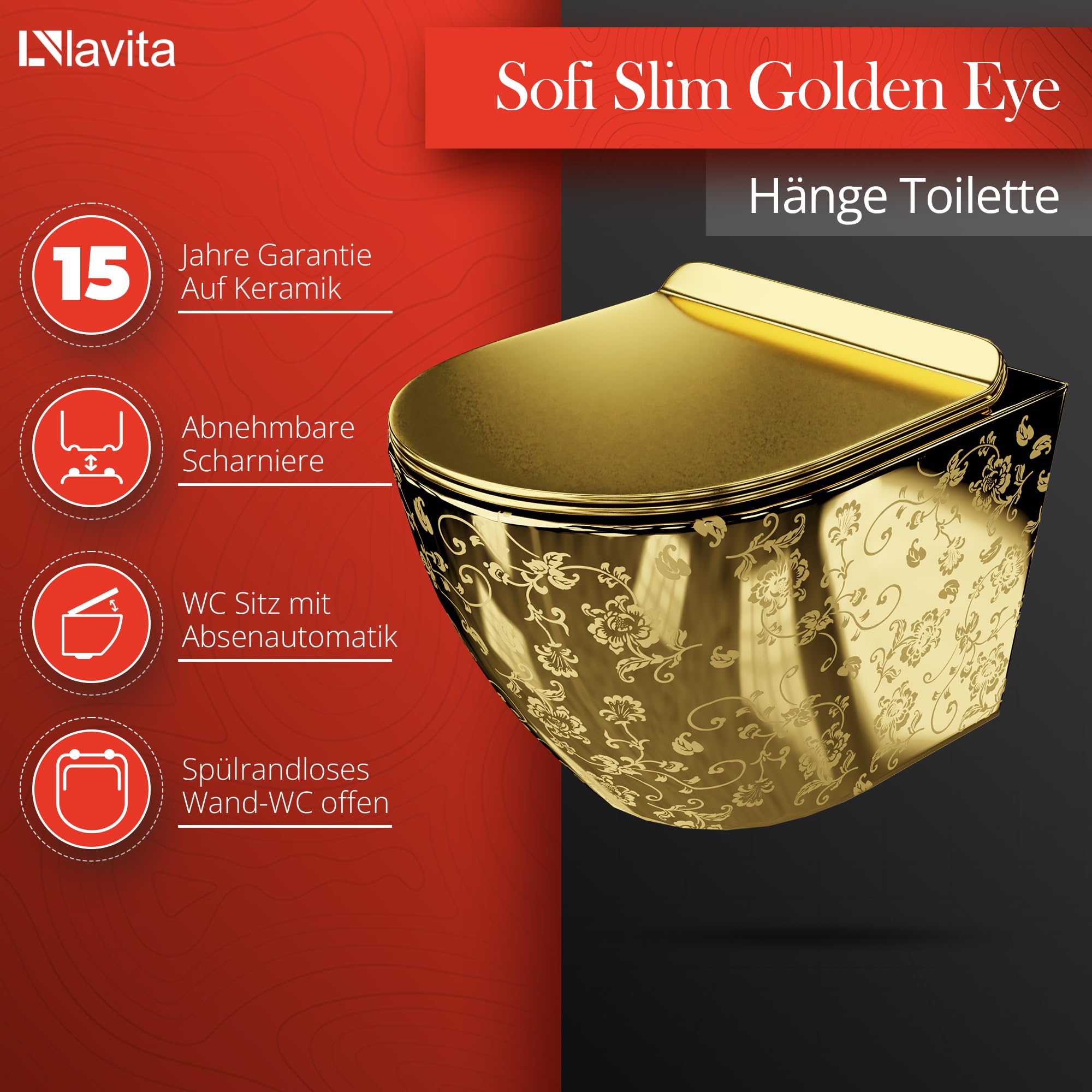 LAVITA Vorwandelement Solido Start + Wand Hänge WC Sofi Slim Golden Eye Gold Spülrandlos + WC-Sitz SoftClose Verchromter Knopf Komplettset Unterputz Spülkasten Toilette Komplett Sett WC