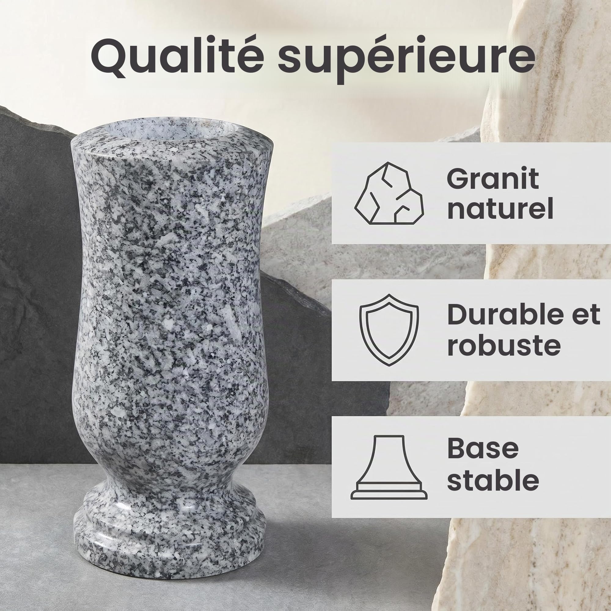 Vase funéraire en granit, 25,5 cm de hauteur, poli, avec trous de drainage (1)