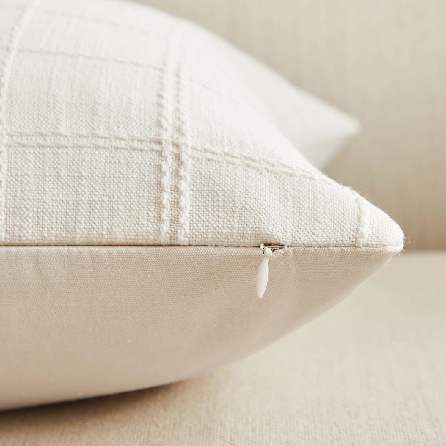ZeeMart Linen Checked Throw Pillow Covers Set of 2, 22x22 Inch Ivory/Cream, Farmhouse Decorative Single Sided Grid Embroidered Couch Pillow Cases Off White Cotton Linen Cushion Covers - Image 4