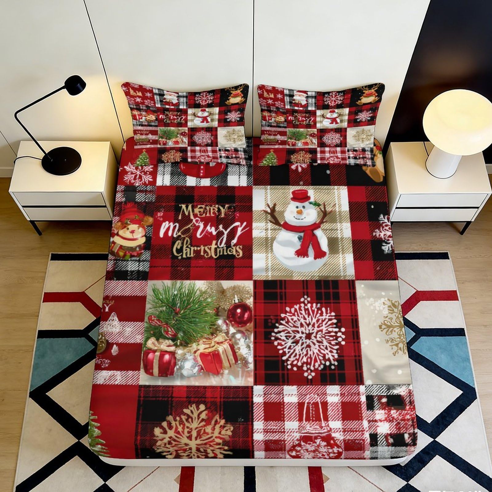 3D Printed Christmas Patchwork Fitted Sheet Microfiber Red Festive Snowman Bed Cover for Bedroom Dorm Decor 90x200x25cm