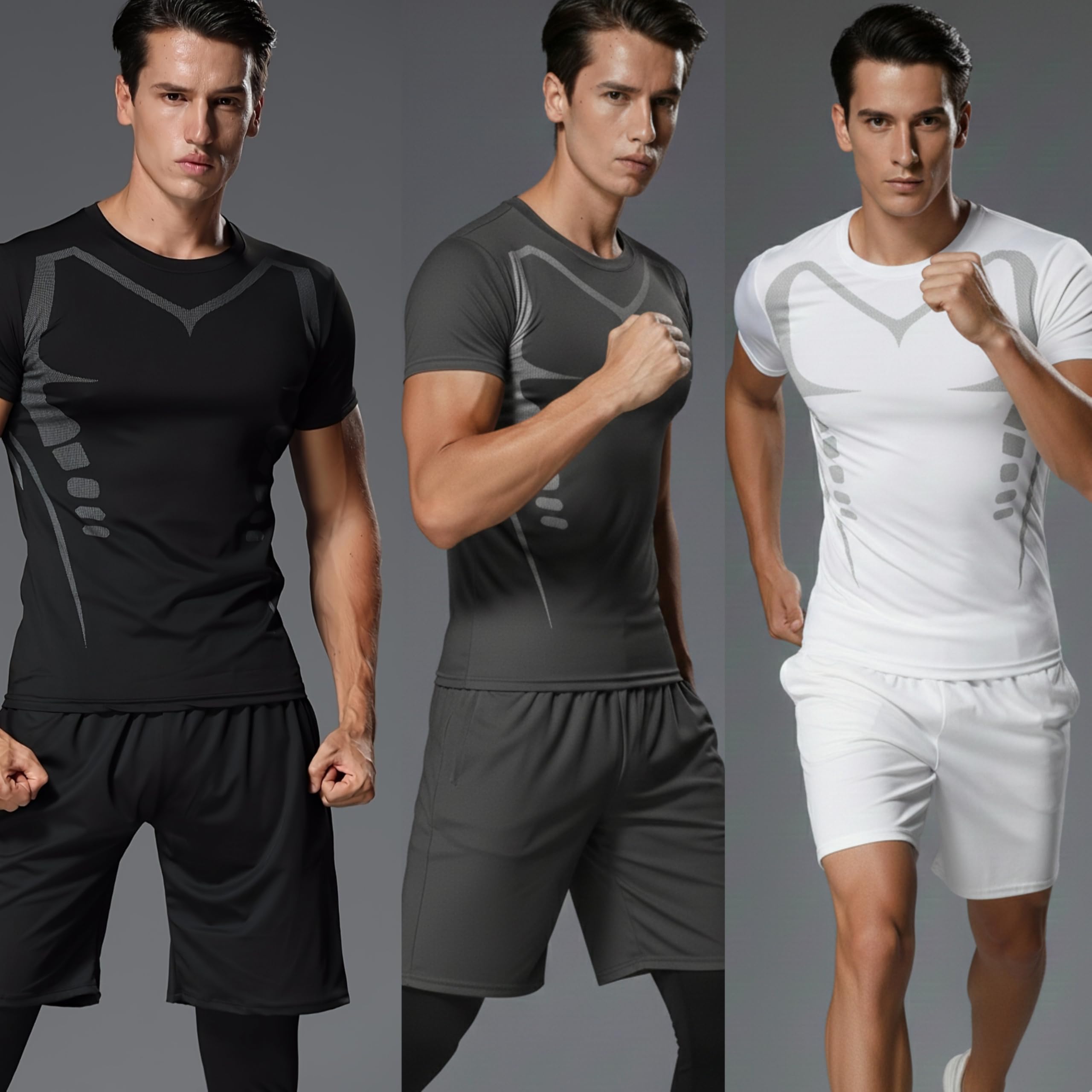 Pack 3 Camisetas Deporte Hombre - Camisetas Hombre Manga Corta de Secado Rápido Respirable Ropa Gimnasio Running Fitness y Padel - 3