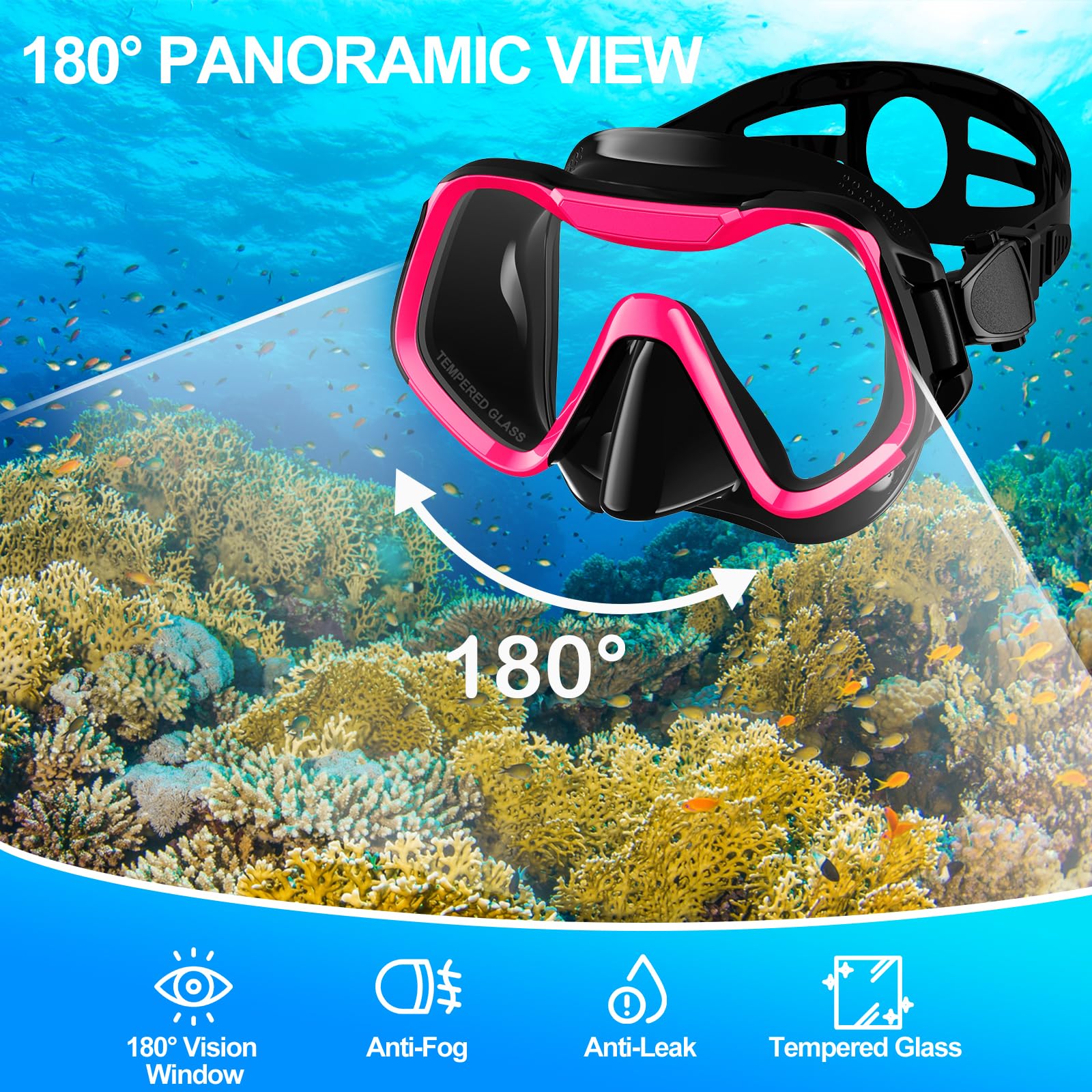 Maschera Subacquea Adulti, Tonfarb Maschera Snorkeling con Maschera e Boccaglio, Panoramica a 180 Gradi e Boccaglio Snorkel, Anti-Nebbia Antiperdita Maschera Sub per Giovani e Adulti