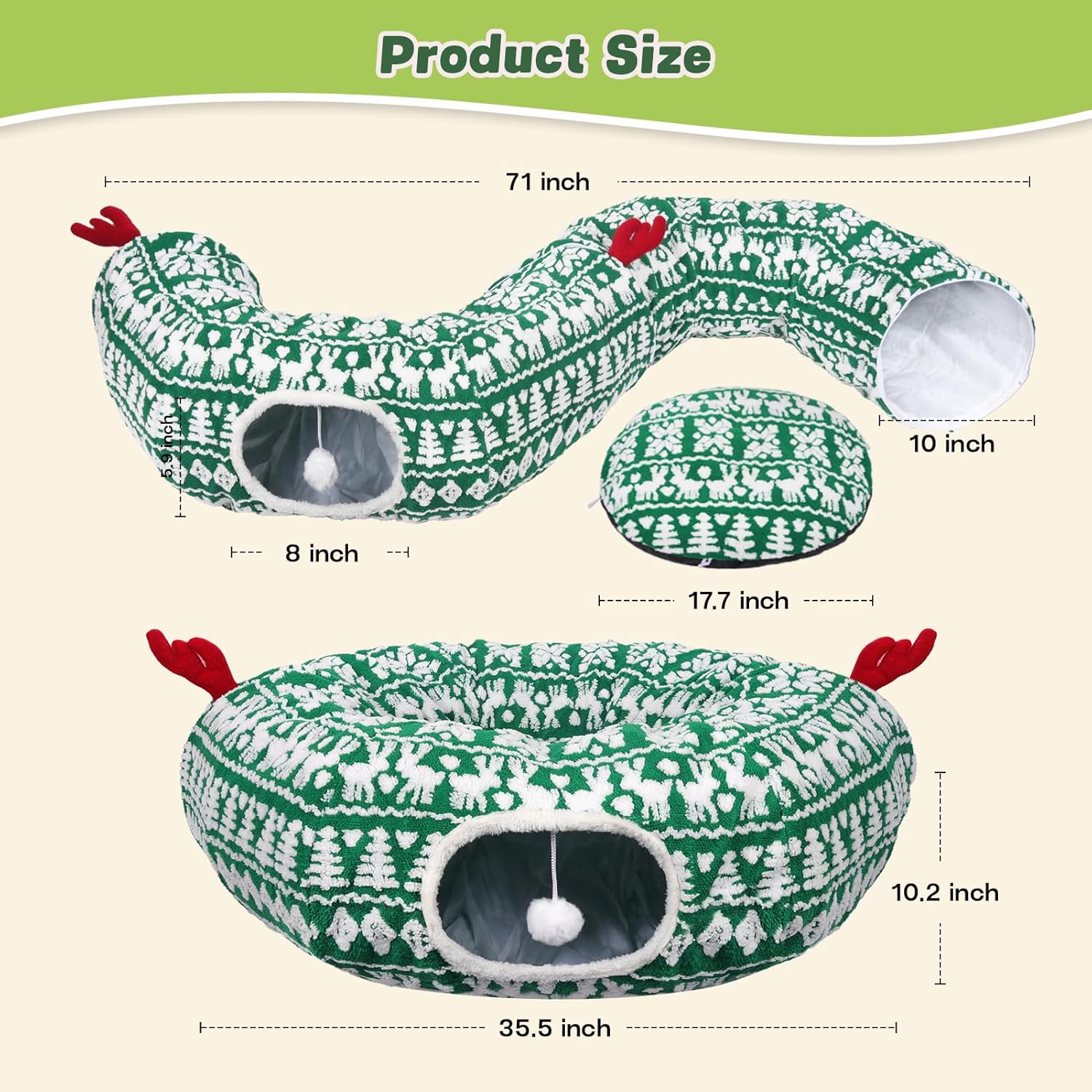 Cat Tunnel Bed, Cute Cat Tunnels for Indoor Cats with Washable Mat, Hanging Ball, Collapsible Play Tunnel, Pet Donut Tube Bed Cave, Xmas Party Decor for Kitten, Rabbit, Puppy Gifts