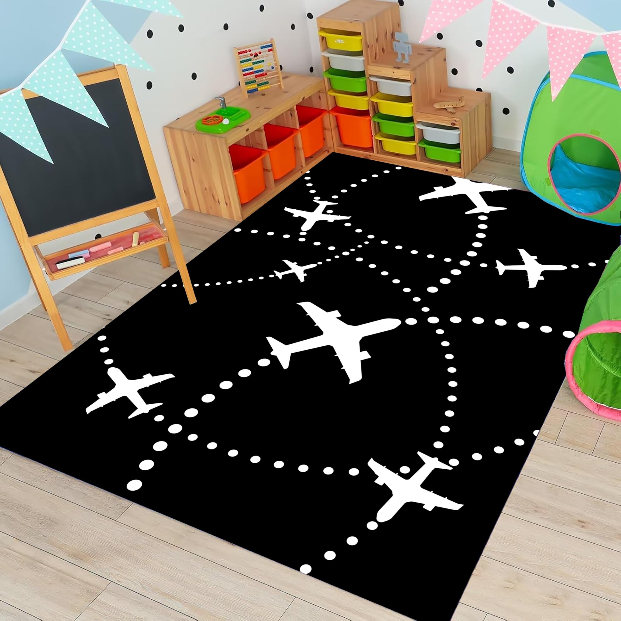 USHIRUG Children's Play Area Rug, 60x90cm Black and White Cartoon Airplane Print Carpet Play Mat, Soft Comfortable Indoor Low pile Carpet Non-Slip Washable Rug for Living Rooms Bedrooms Bedside Decor