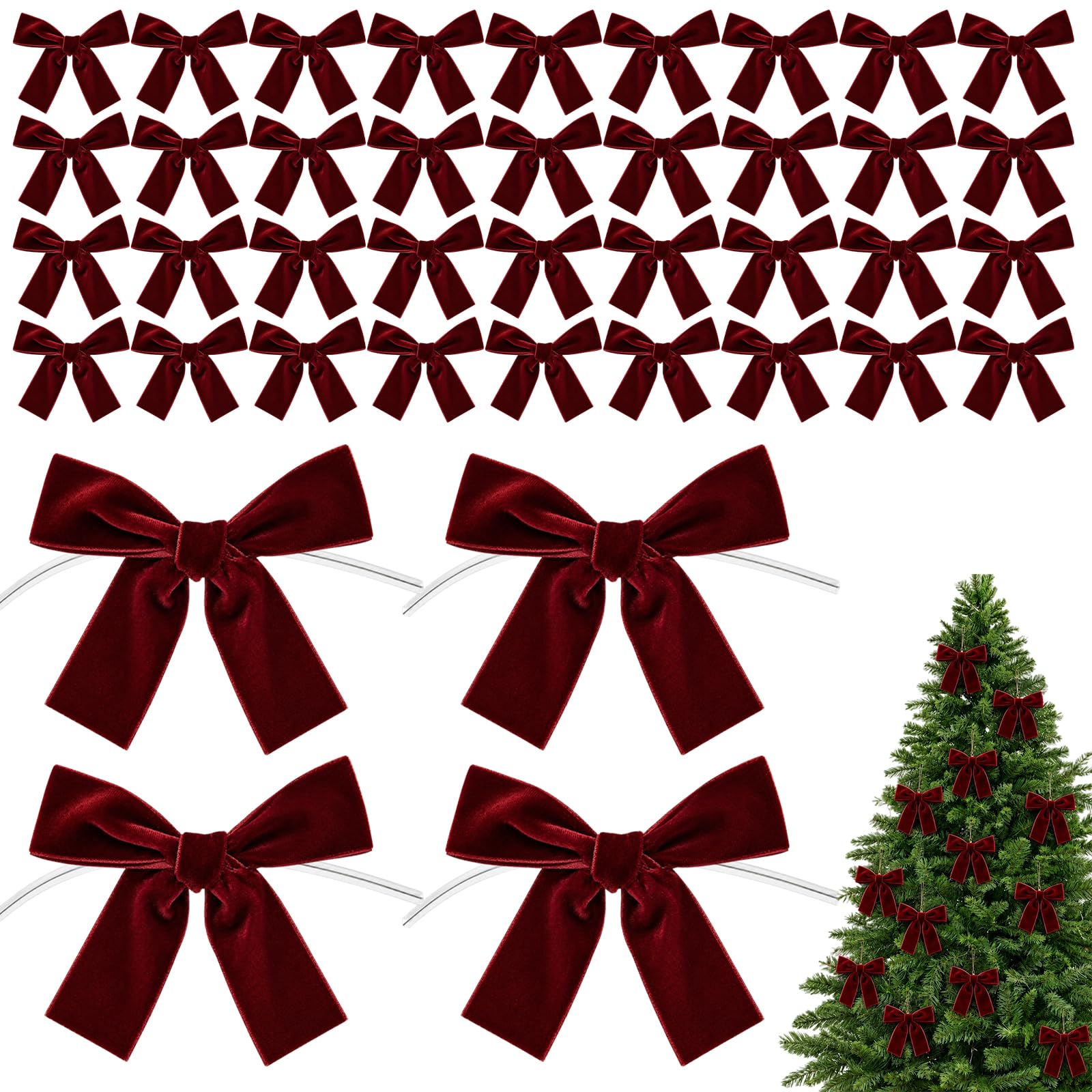 40 Pcs Christmas Red Velvet Bow for Decoration, 3.9" Xmas Tree Ornament Set