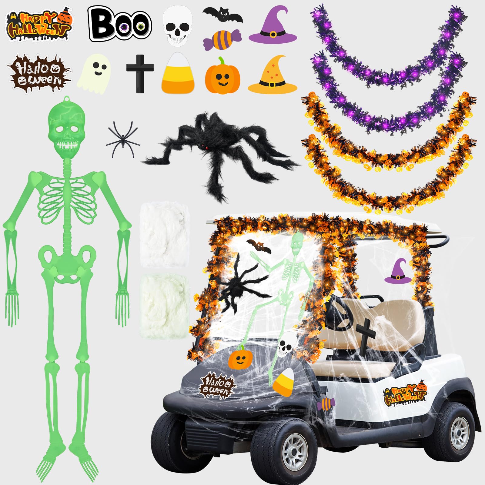 Suncalla Halloween Golf Cart Decoration Kit-Halloween Car Decorations-Skeleton Glow in Dark, Fake Spider Web, Spider, Purple Garland, Sticker for