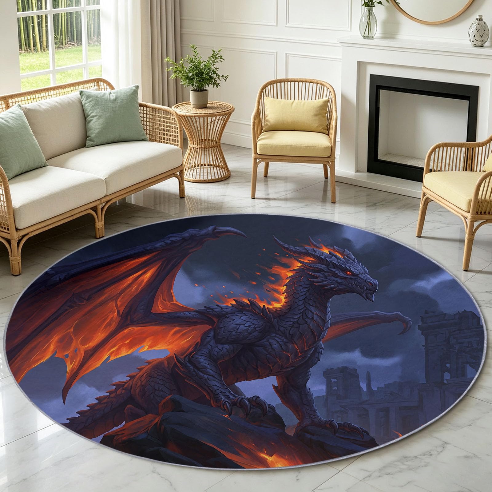 Generisch Teppich Rund 120 cm Cartoon Tier Feuer Drache Teppich