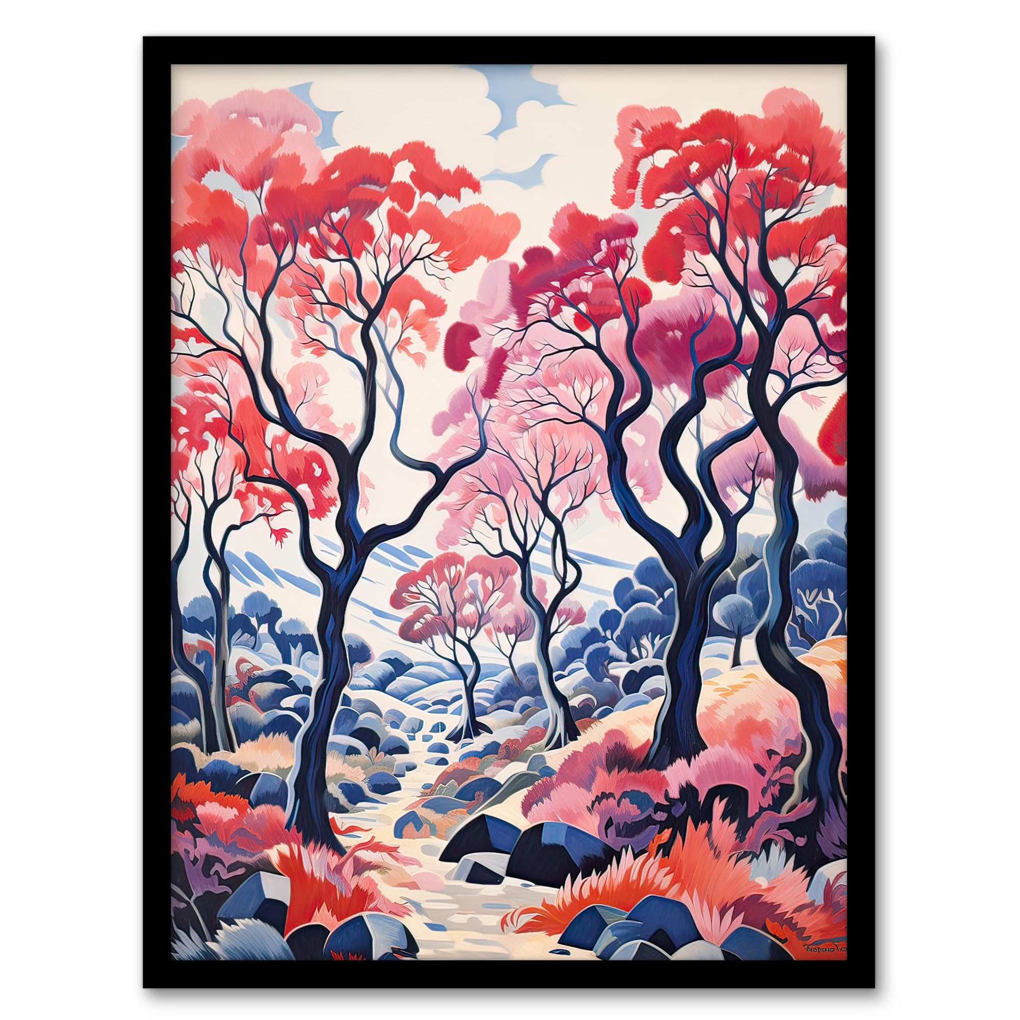 Artery8 Autumn Trees Countryside Landscape Pink and Blue Artwork Framed Wall Art Print A4