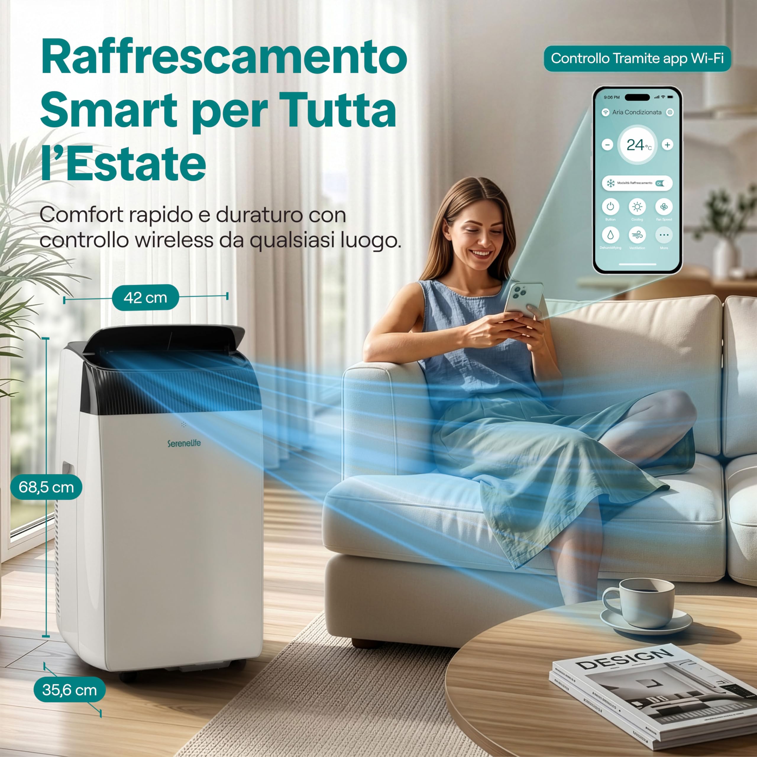 SereneLife Climatiseur Mobile 14000 BTU 2,9 kW avec Évacuation – WiFi 4 en 1 pour pièces jusqu’à 45 m², Refroidit Chauffe Ventile Déshumidifie