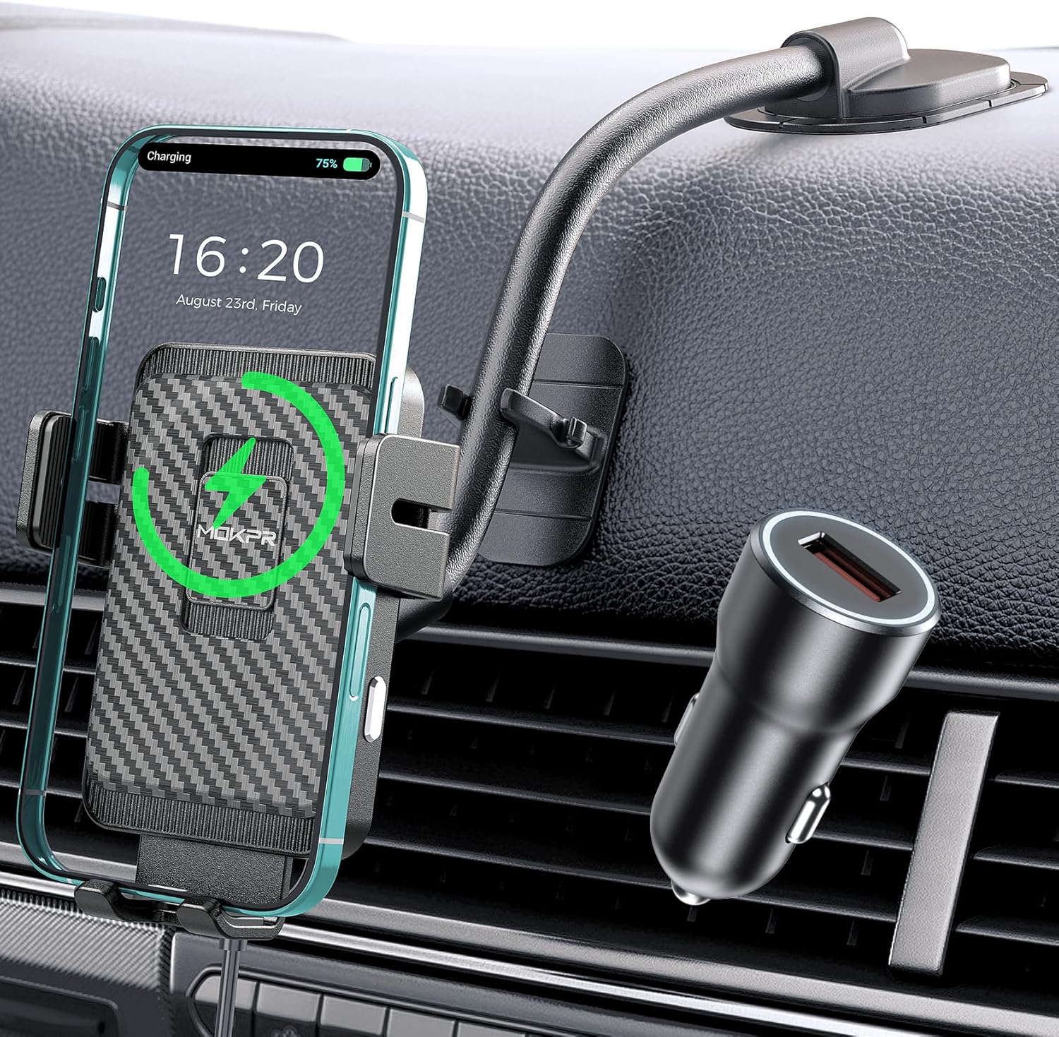 MOKPR Wireless Car Charger, Adjustable Gooseneck Car Mount Auto-Clamping Car Charger, Dashboard [with Anti Shake stabilizer] Phone Holder fit for iPhone 17 16 15 14 13 12, Samsung,with QC 3.0