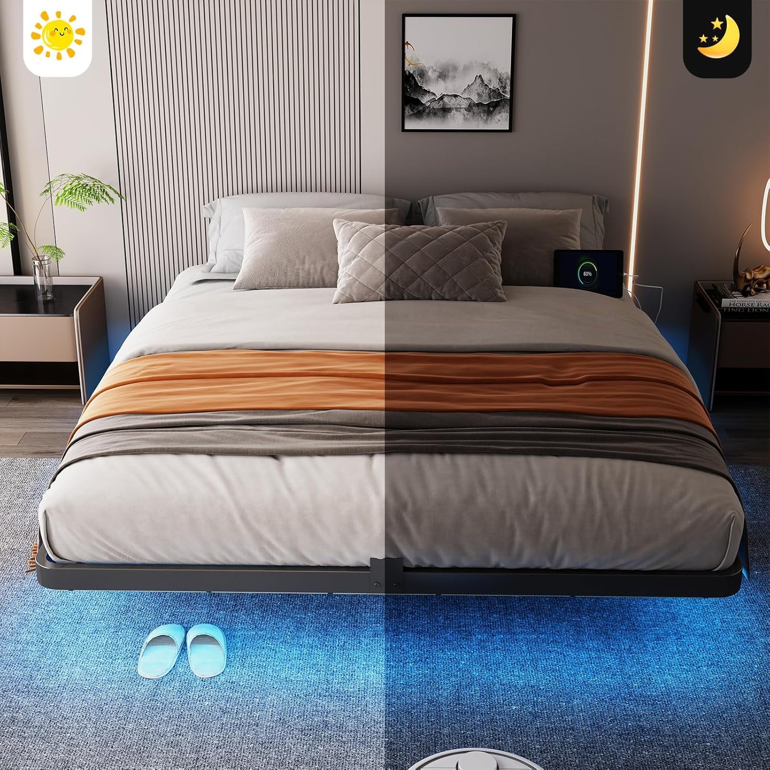 King Size Floating Platform Bed Frame with Smart RGB LED Lights & Charging Station, Sturdy Metal Bed Frames, No Box Spring Needed,Easy Assembly, Noise Free