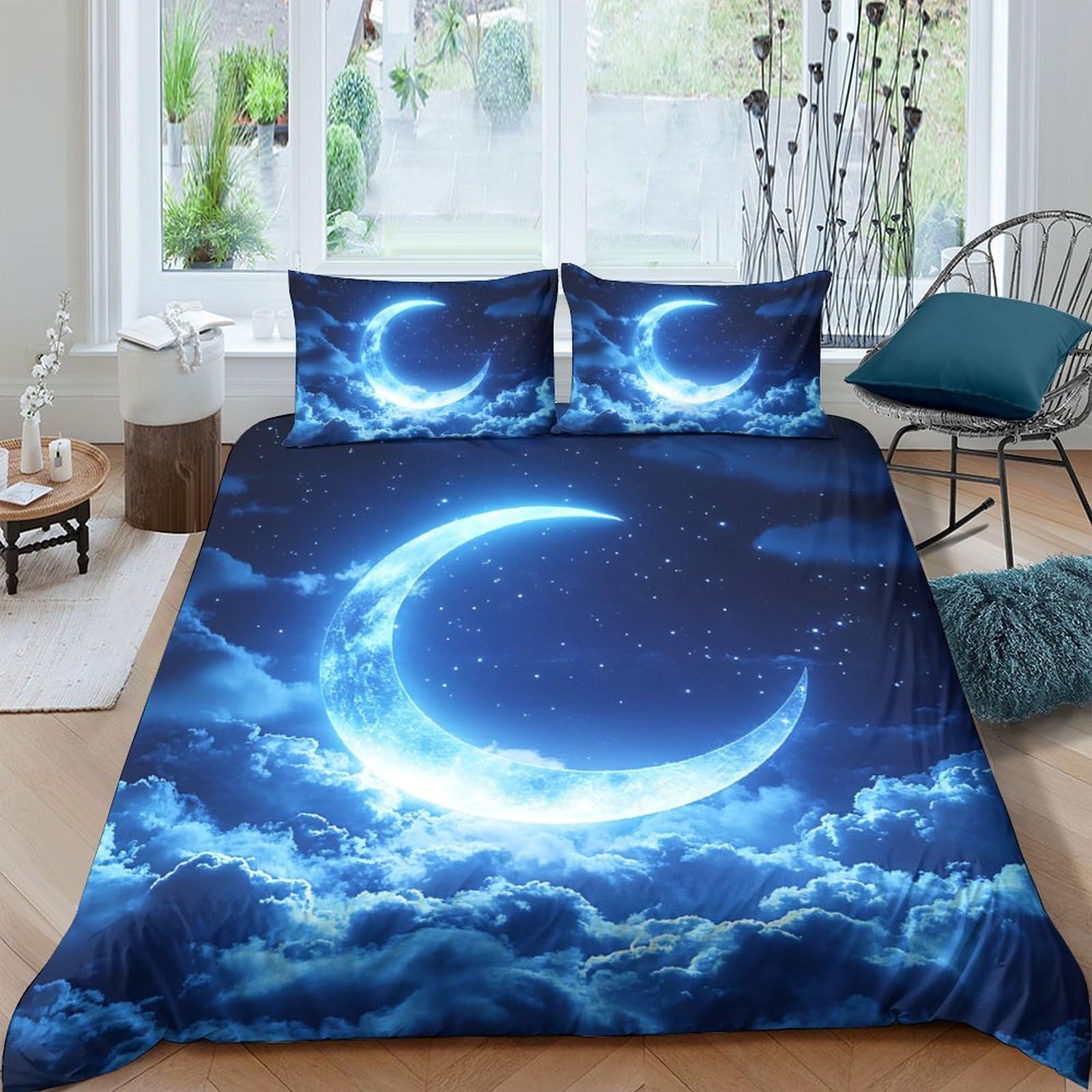 Ctjqhvkz Style-9 3D Printed Crescent Moon Night Sky Fitted Sheet Microfiber Soft Slip-Resistant Mattress Cover For Bedroom Guest Room Decor Single（135X200cm）