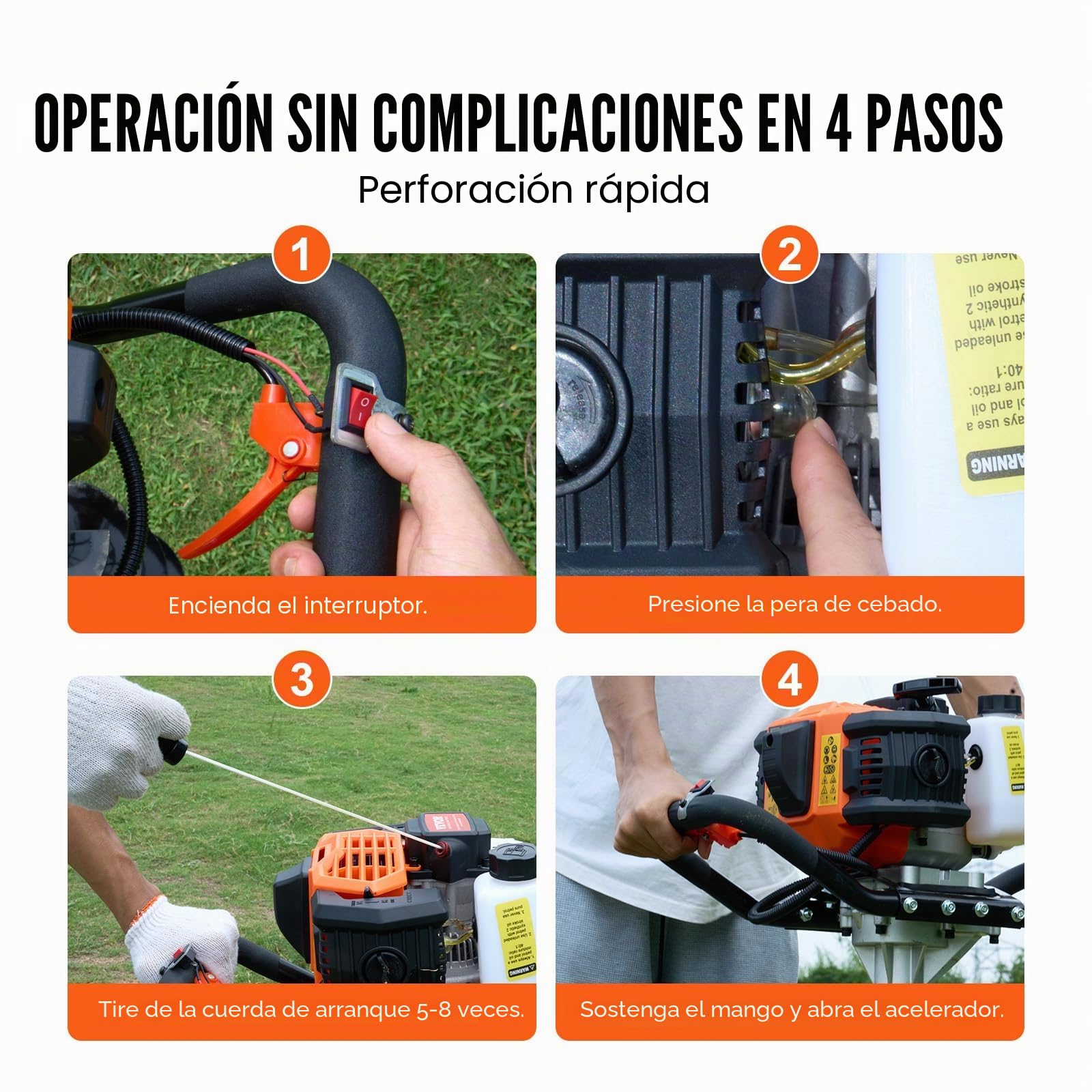 VEVOR Excavadora de Pozos a Gasolina de 52 cc y 1450 W Barrena para Postes a Gasolina con Brocas de 200 mm y 1 Varilla de Extensión para Vallas de Postes, Cultivo, Jardín, Plantas, Naranja y Negro