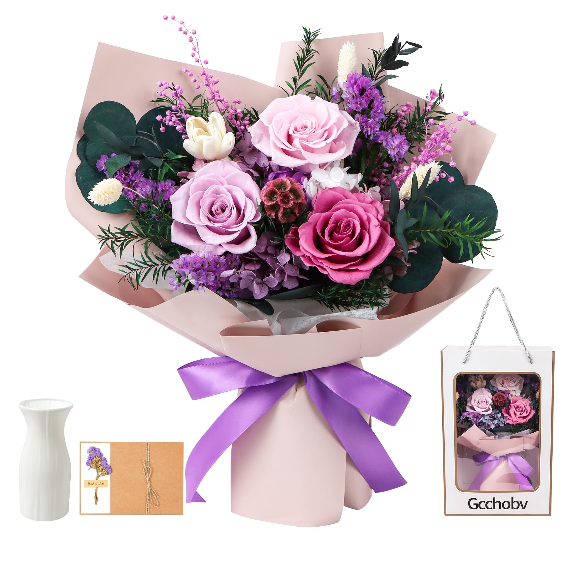 Ramo de flores preservadas, flores eternas reales | Regalos para mujeres, regalos de cumpleaños para mamá, amigos, novia, hermana, San Valentín (lila pastel)