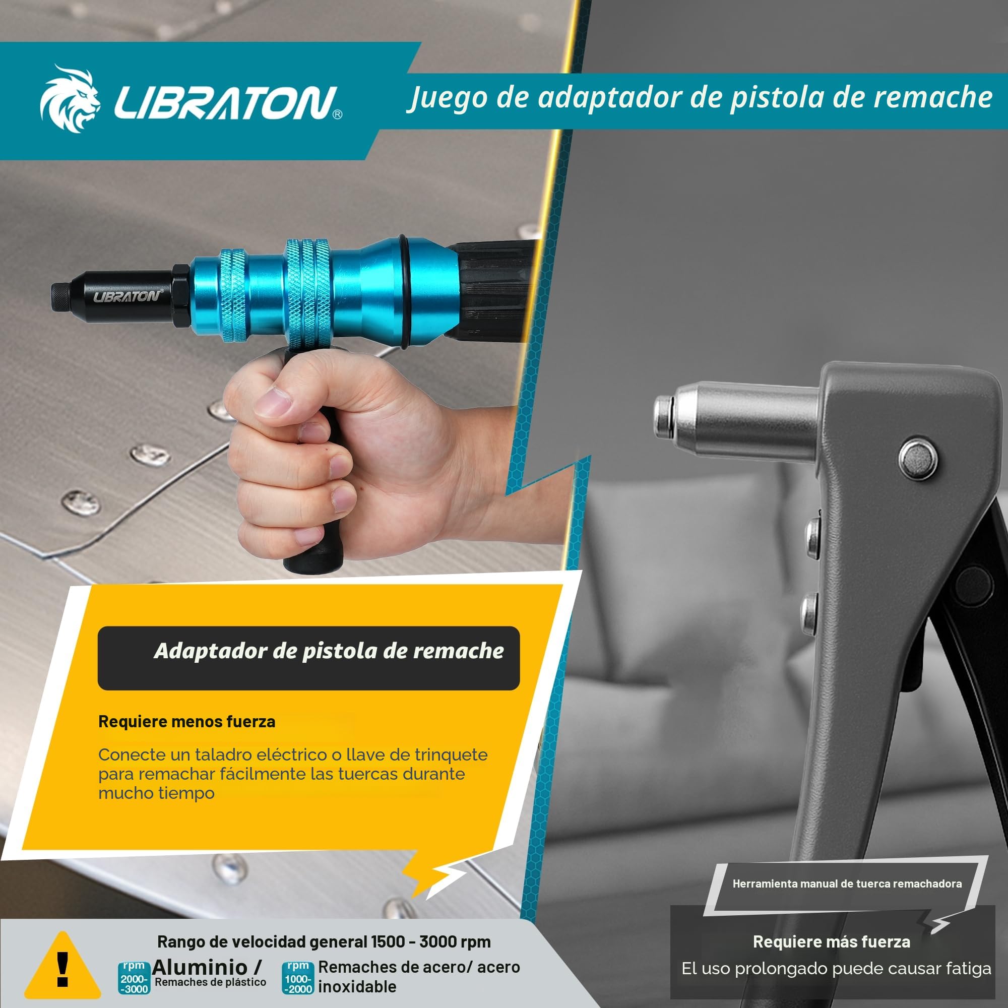 LIBRATON Adaptador de Remachadora para Taladro, Adaptador de Remache para Taladro Eléctrico, Accesorio de Remache para Taladro Inalámbrico, con Asa, Fácil Procesamiento 2,4mm 3,2mm 4,0mm 4,8mm