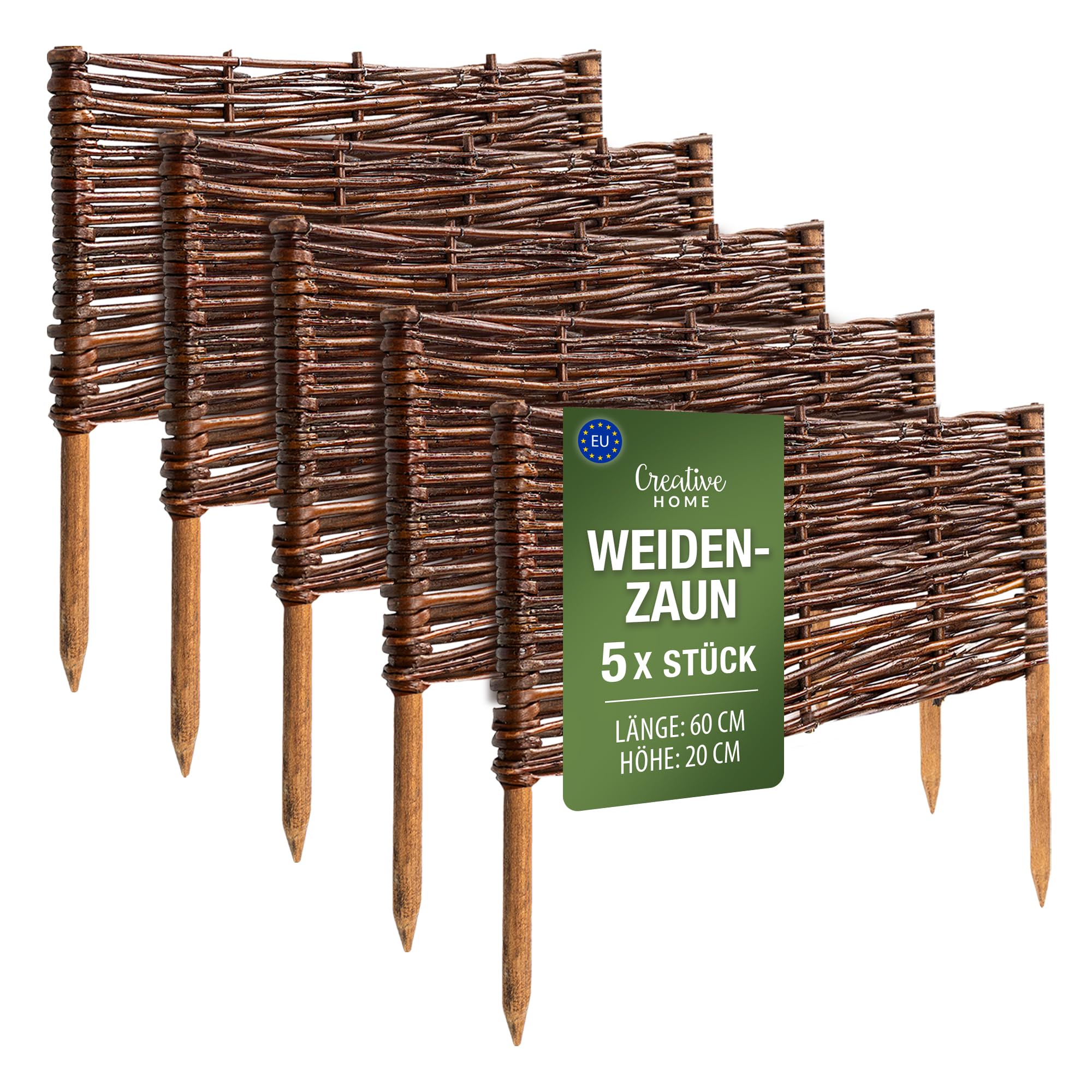 Creative Home 5 x Wicker Slat Fence Garden Fence | 60x20cm (+/-1cm) | Flower Bed Lawn Decorative Edging Fence Garden Screening | Privacy Border