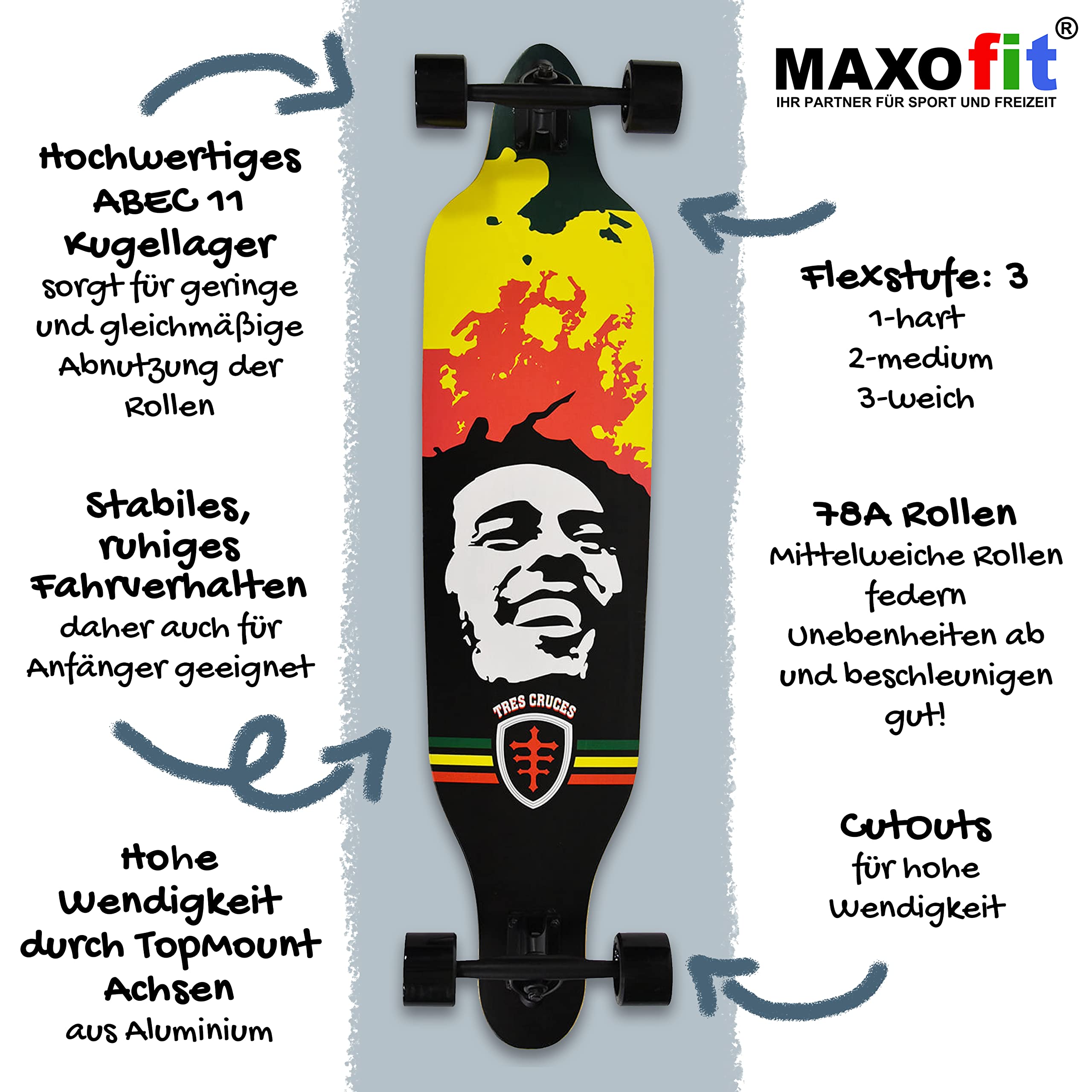 Longboard MAXOfit en diferentes diseños con tablas de madera de arce/bambú de alta calidad para principiantes y avanzados.