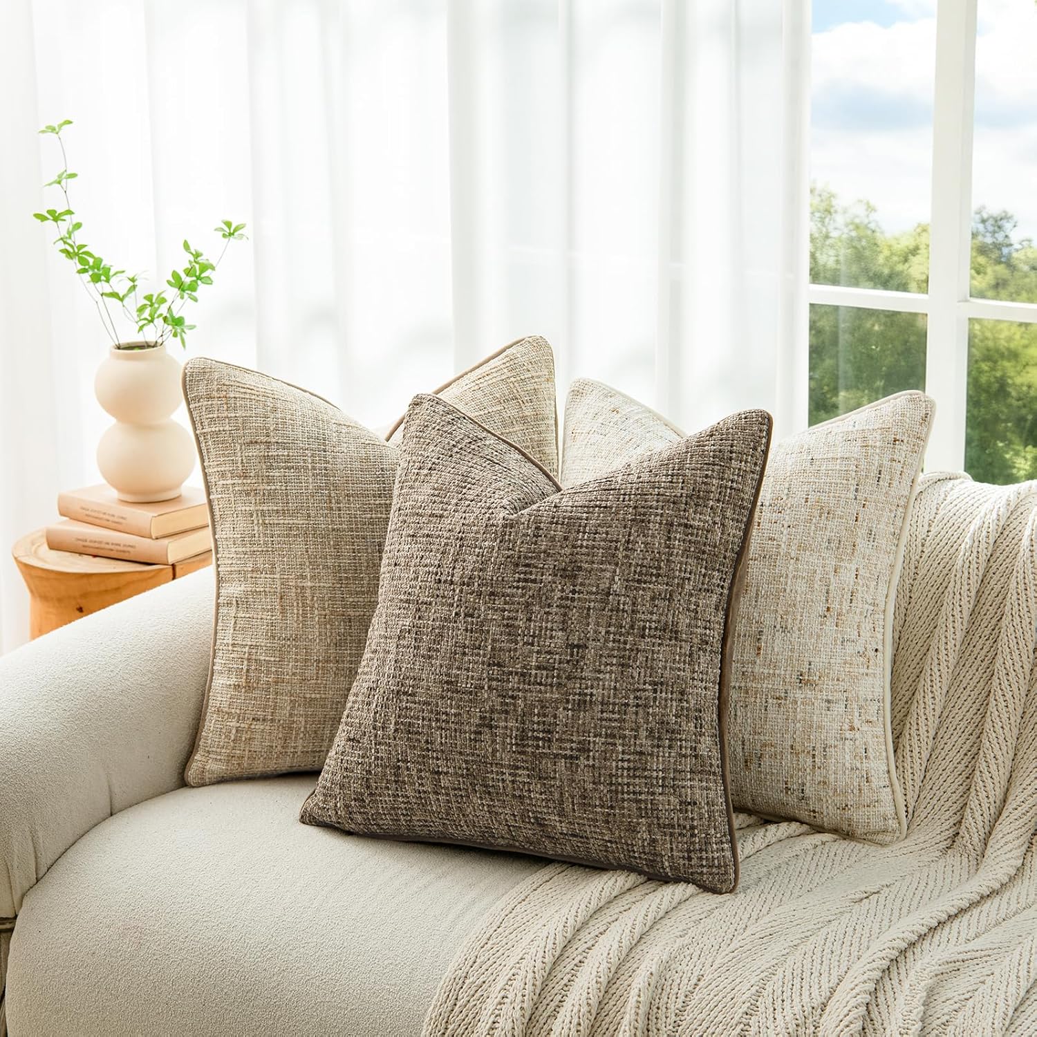 a moment Brown Reversible Pillow Covers 2 Pack - Farmhouse Chenille Throw Pillows, Neutral Textured Decorative Throw Pillow Covers with Border for Couch Sofa Bed (18x18 Inch, No Insert) - Image 2