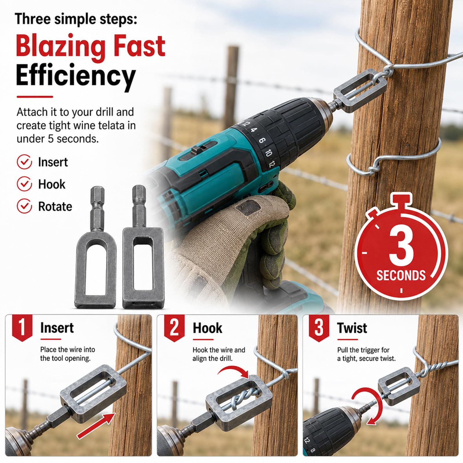2 Pcs Electric Drill Wire Twisting Tool for Drill, Multifunctional Iron Wire Twister/Knotter with 1/4" Hex Shank, for Fencing, Rebar Tying, and Construction, Alloy Steel — additional product view