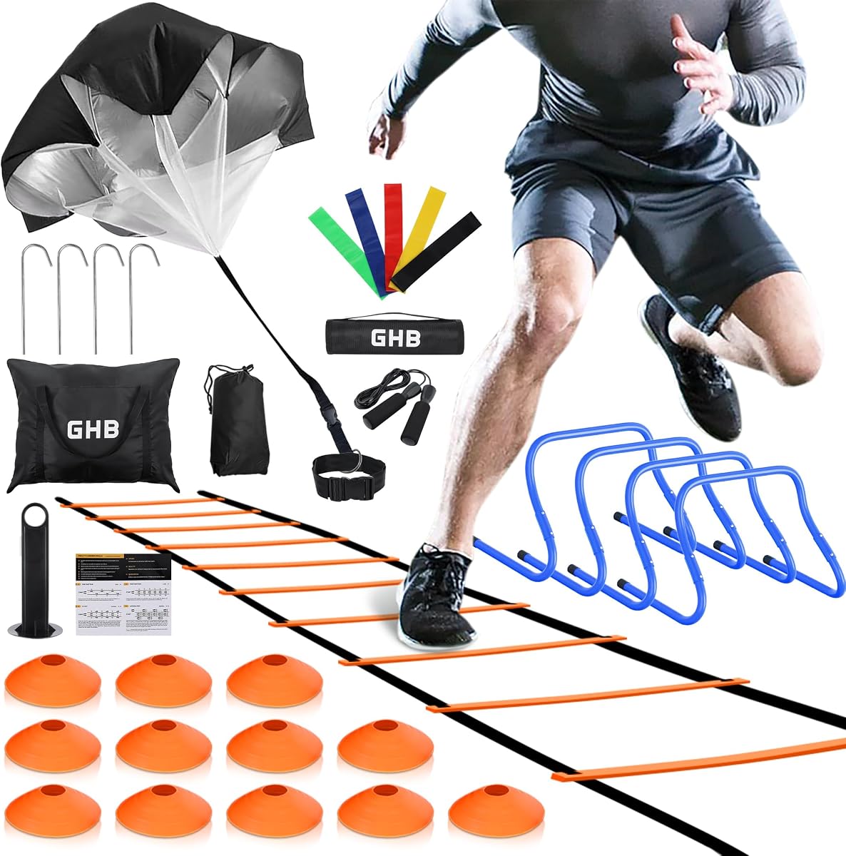 Escalera de agilidad GHB, juego de equipo de entrenamiento de fútbol, ​​4 vallas de agilidad, escalera de velocidad de 20 pies, 12 peldaños, 12 conos de disco, paracaídas de resistencia, cuerda para saltar, 5 bandas de resistencia
