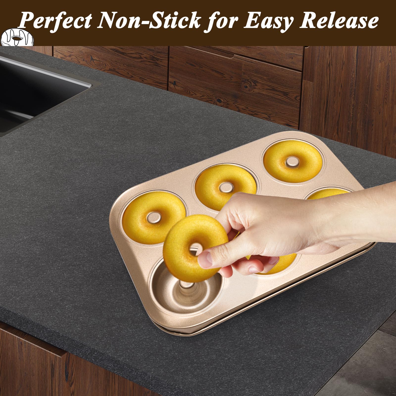 2 moldes para donas de acero al carbono con 6 cavidades para hornear donas, antiadherente, fácil de limpiar y apto para lavavajillas, molde de donas para pasteles, postres y bagel (dorado
