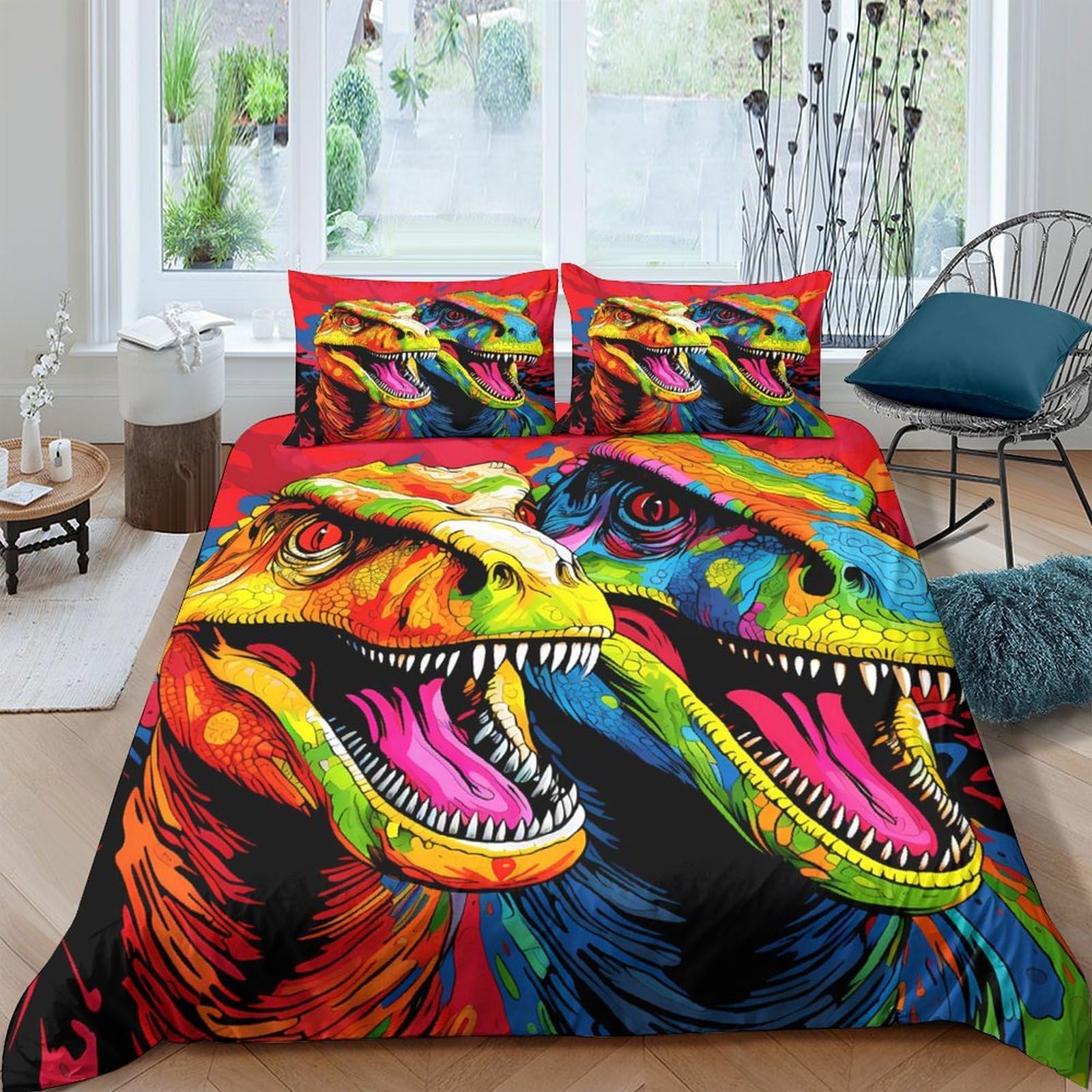 Ctjqhvkz Style-1 3D Printed Colorful Dinosaur Fitted Sheet Microfiber Vibrant T-Rex Bed Cover Anti-Slip Bedroom Decor Easy Care Single（135X200cm）