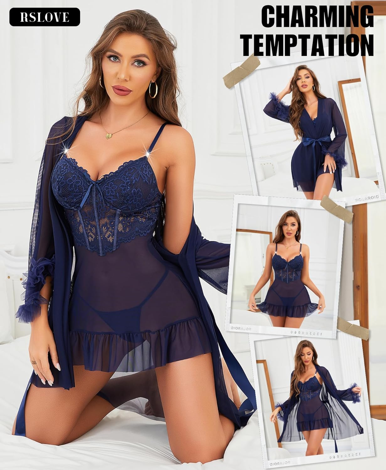RSLOVE Lingerie Sets for Women Sexy - 2 Piece Babydoll & Lace Kimono Robe Set Strap Chemise Sleepwear Mesh Nightgown Ruffled - Image 4