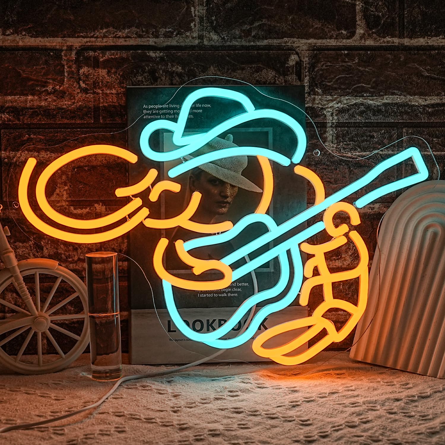 Cowboy Shrimp Neon Sign For Wall Decor Guitar Neon Light Music Led Sign Lobster Led Light Seafood Neon Light Sign for Restaurant Kitchen Music Bar Decor
