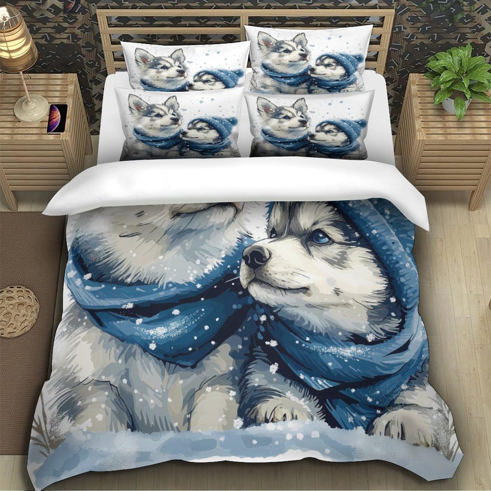 Coppia Lupo Carina 3D Stampata Copripiumino Microfibra Arredo Camera Set Biancheria da Letto Lupi Morbido per Adulti Giovani Casa Super king（260x220cm）