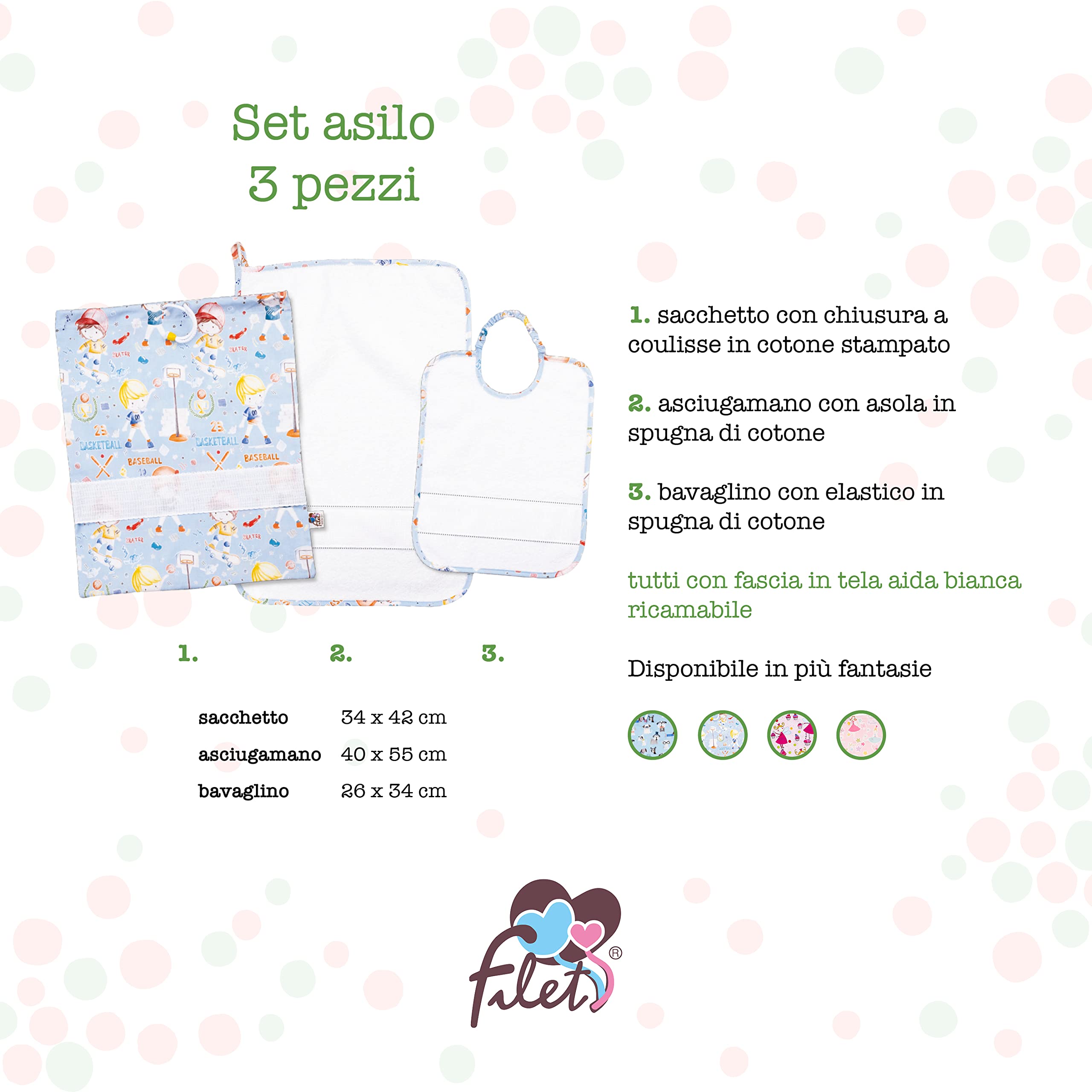 FILET - Set Asilo Tre Pezzi Ricamabile, Composto da Bavaglino con Elastico, Asciugamano, Sacchetto per il Cambio e Busta Portatovagliolo/Bavaglino, Made in Italy, Fantasia Sport Fondo Bianco