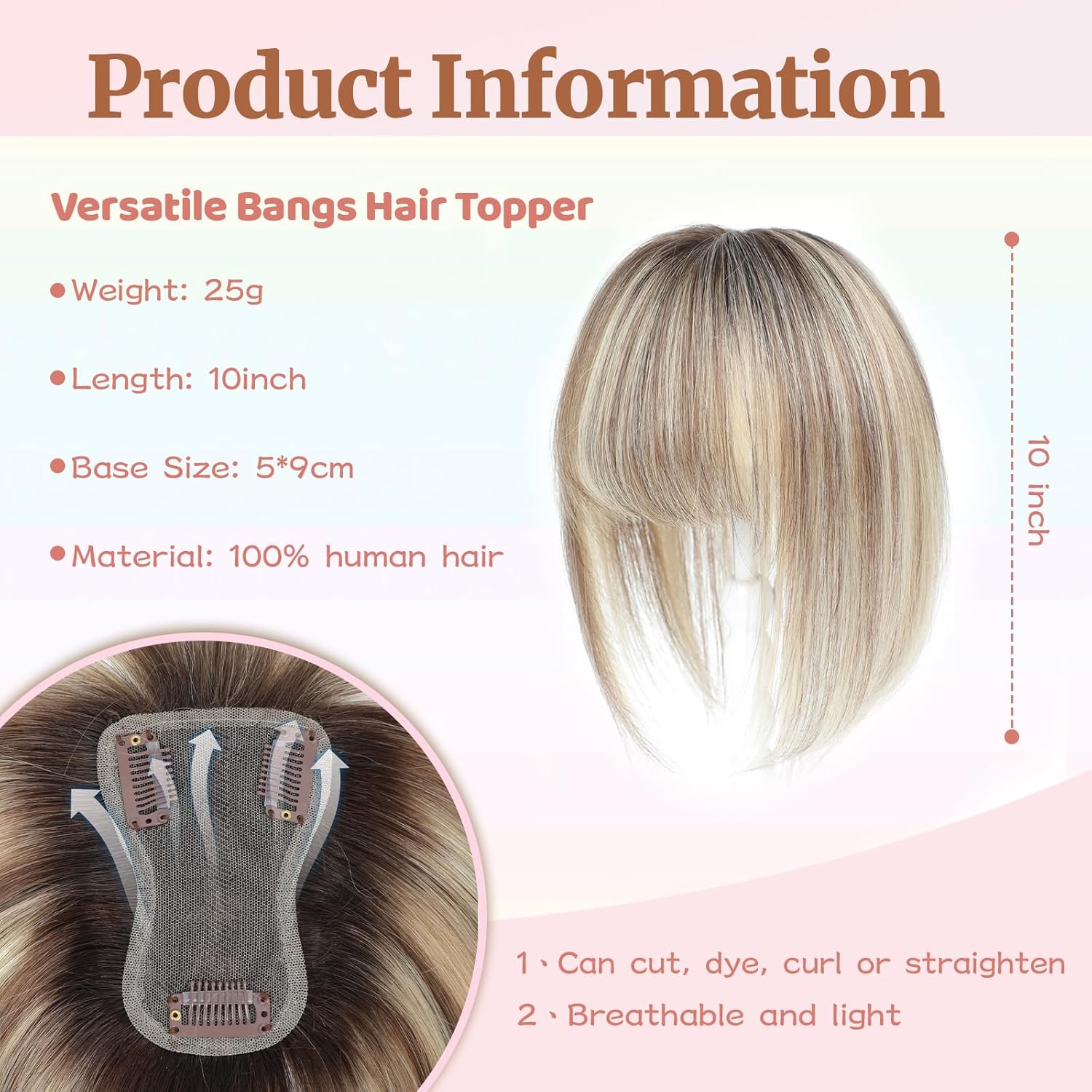 Human Hair Toppers for Women with Fringe 10 Inch Real HairPieces-360°3D Bangs for Thinning Hair Topper Swiss Base Ombre Light Brown with Blond Highlight（2T613）