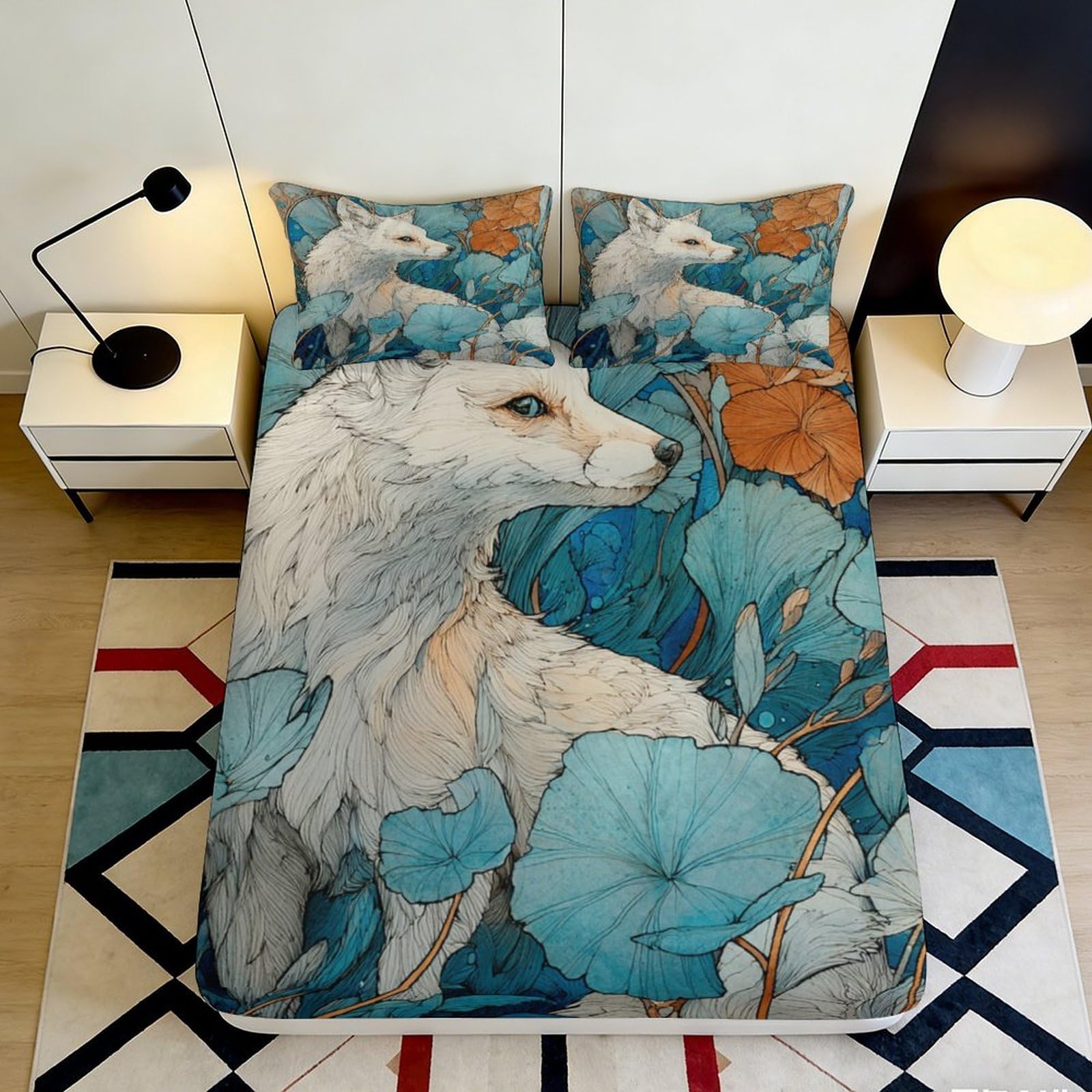3D Printed White Fox Forest Fitted Sheet Microfiber Anti-Slip Mattress Cover Washable for Bedroom Guest Room 120x200x25cm