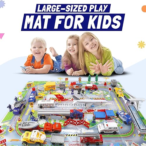 Miniatura 2 de Juego de 57 piezas de aeropuerto comercial con juguetes de avión, vehículos de juego, camiones de bomberos, autos y figuras de policía, y accesorios